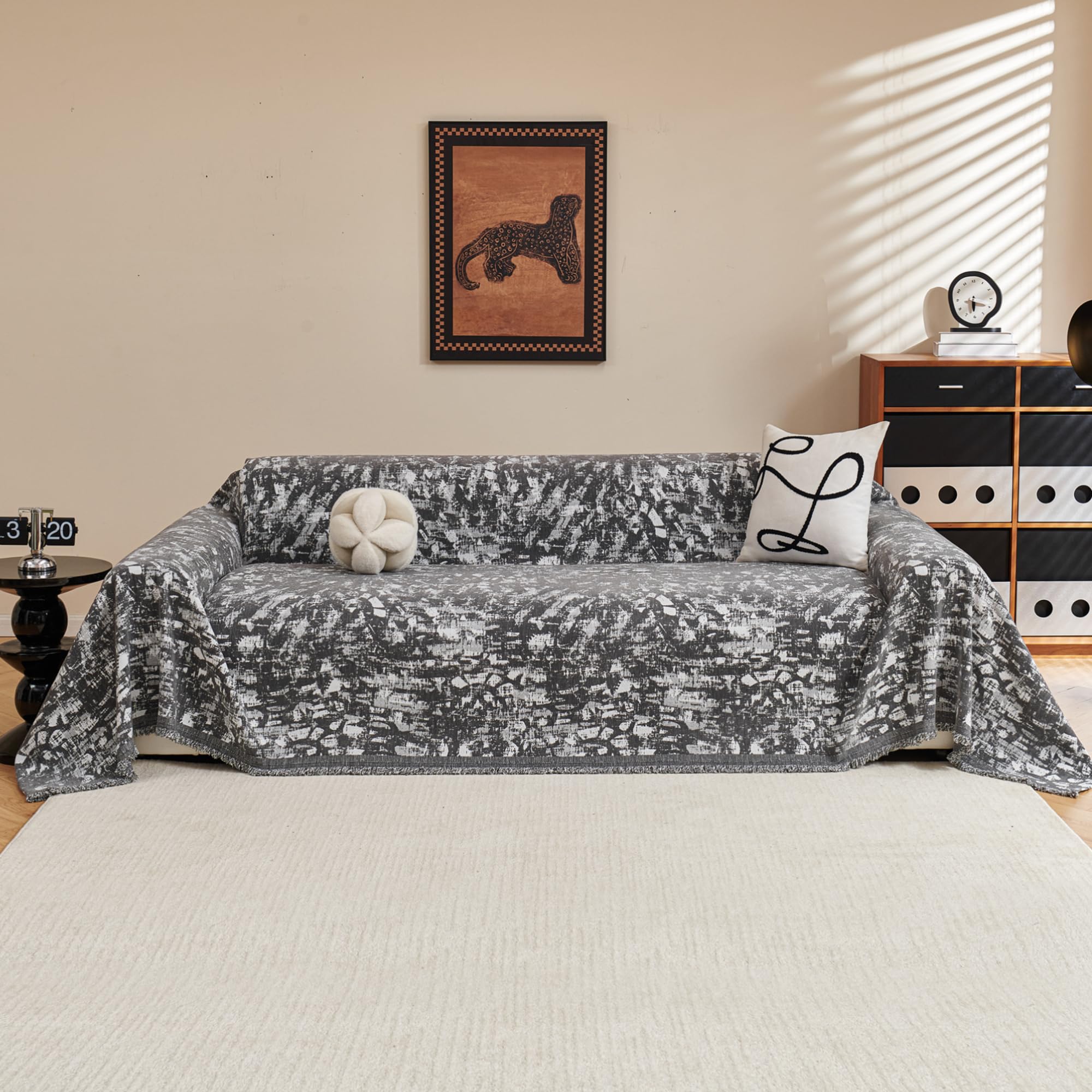 MYSKY HOME Couch Cover for Pets, Beige Couch Covers for 2 Cushion Couch Sofa, Sofa Slipcover Sectional L Shape Chenille Covers for Pets, Throw Couch for Dogs, Kids,71" X118"