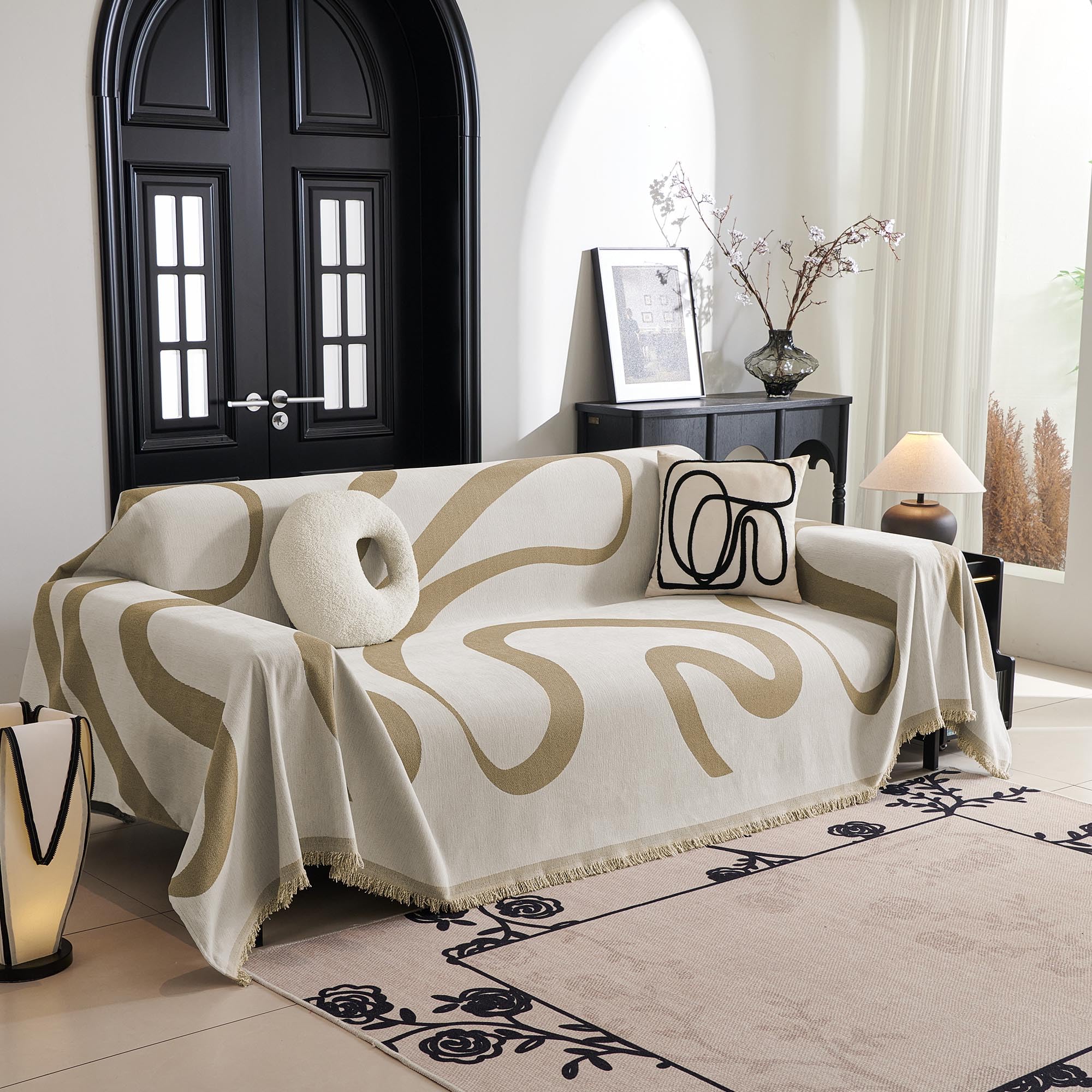 MYSKY HOME Couch Cover for Pets, Beige Couch Covers for 2 Cushion Couch Sofa, Sofa Slipcover Sectional L Shape Chenille Covers for Pets, Throw Couch for Dogs, Kids,71" X118"