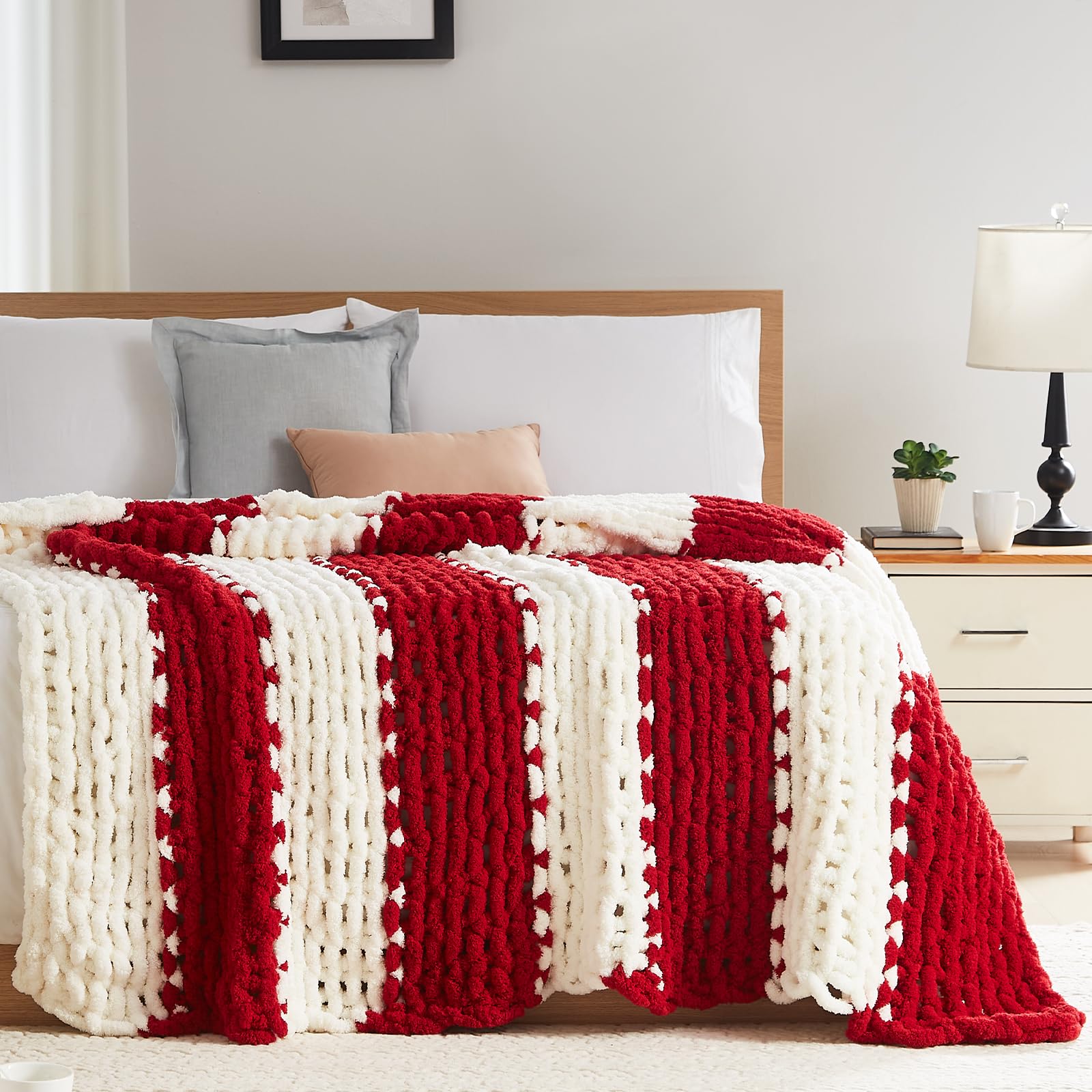 L'AGRATY Chunky Knit Blanket Throw,Soft Chenille Yarn Throw Blanket 50x60，Handmade Cable Knit Crochet Blanket,Large Knit Blankets Chunky Yarn,Rope Knot Throw Blanket for Couch Sofa Bed Home Decor