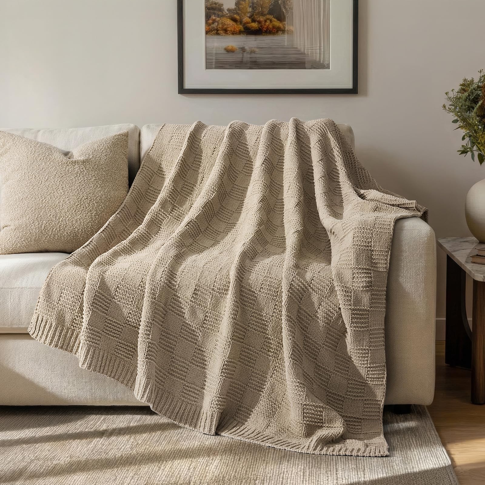 EVERGRACEHOME Chunky Chenille Knit Throw Blanket for Couch, Soft Luxurious Moss Stitch Blankets for Bed, Cozy Decorative Farmhouse Knitted Throws for Sofa, Stormy Blue, 60" x 80"
