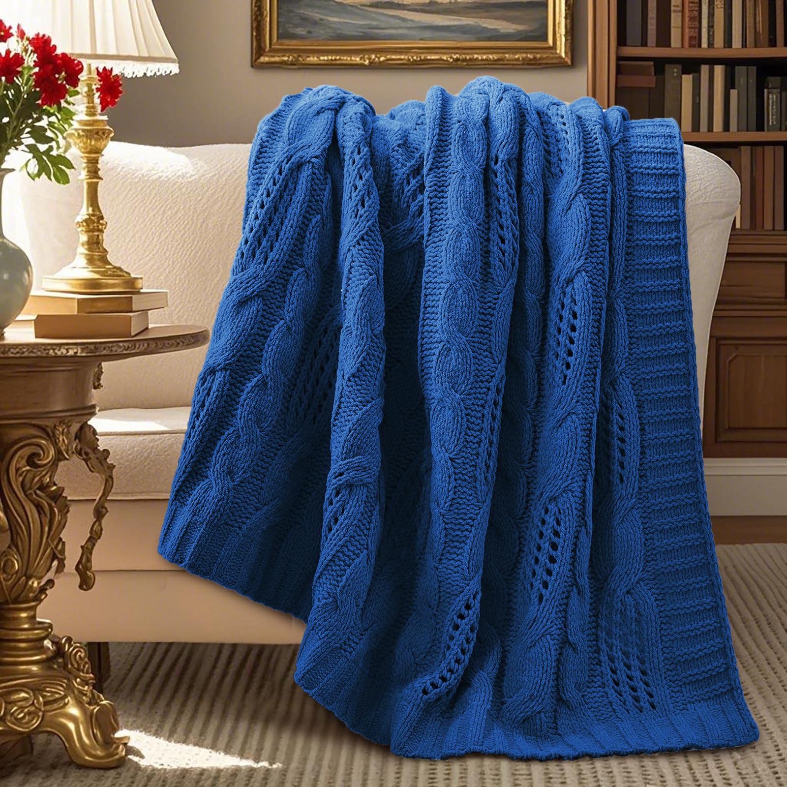 Amélie Home Chunky Knit Throw Blanket, Dual-Sided Soft Chenille Breathable Cable Knitted Blanket for Couch, Farmhouse Decorative Throw for Sofa & Chair, 50"x60", Sage Green