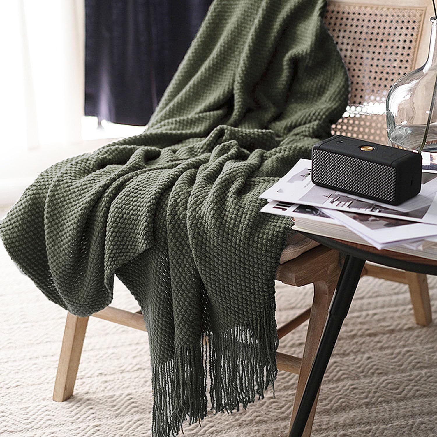 LOMAO Knitted Throw Blanket with Tassels Bubble Textured Lightweight Throws for Couch Cover Home Decor (Cream, 60x80)