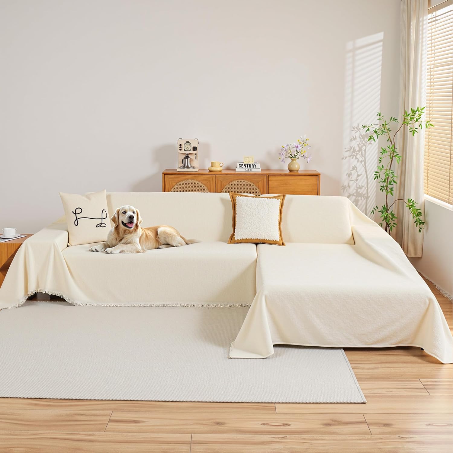 MYSKY HOME Couch Cover for Sectional Sofa, 2 Pieces Chenille Couch Covers for L Shape Sofa Cover, Furniture Protector for Pets, Kids, Sofa Slipcover for 2-3 Cushion Couch (71"x118"+71"x118", Beige)