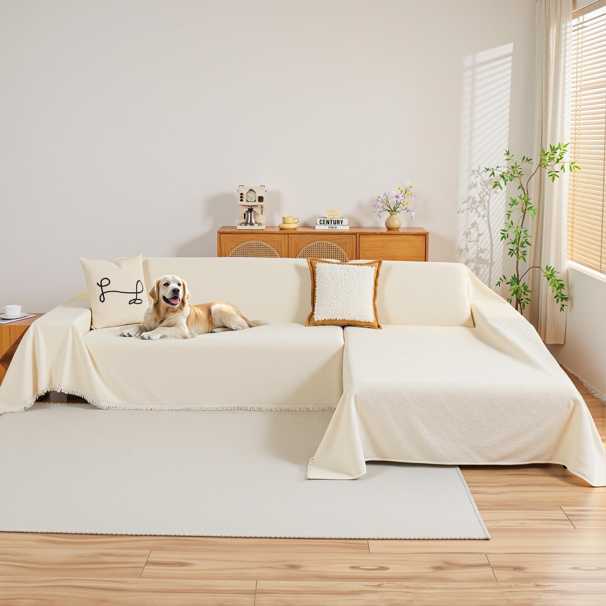MYSKY HOME Couch Cover for Sectional Sofa, 2 Pieces Chenille Couch Covers for L Shape Sofa Cover, Furniture Protector for Pets, Kids, Sofa Slipcover for 2-3 Cushion Couch (71"x118"+71"x118", Beige)