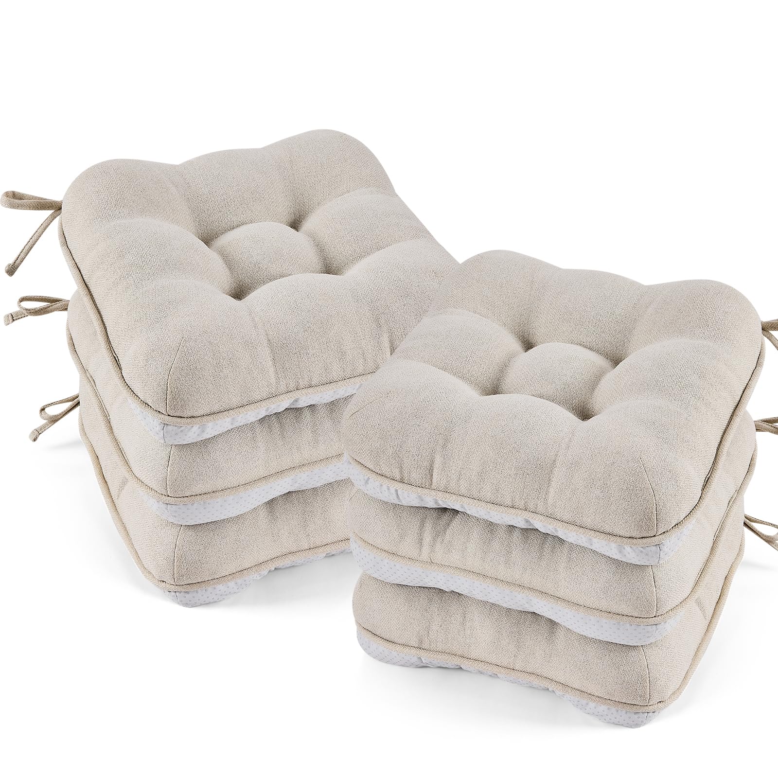 BETU Chair Cushions for Dining Chairs Set of 4,3.5" Thick Kitchen Table Chair Pads with Ties,Non Slip Backing and Covers, Seat Cushion for Dining Room,Bar,Patio Chairs,15.5"X15.5"X3.5",Beige