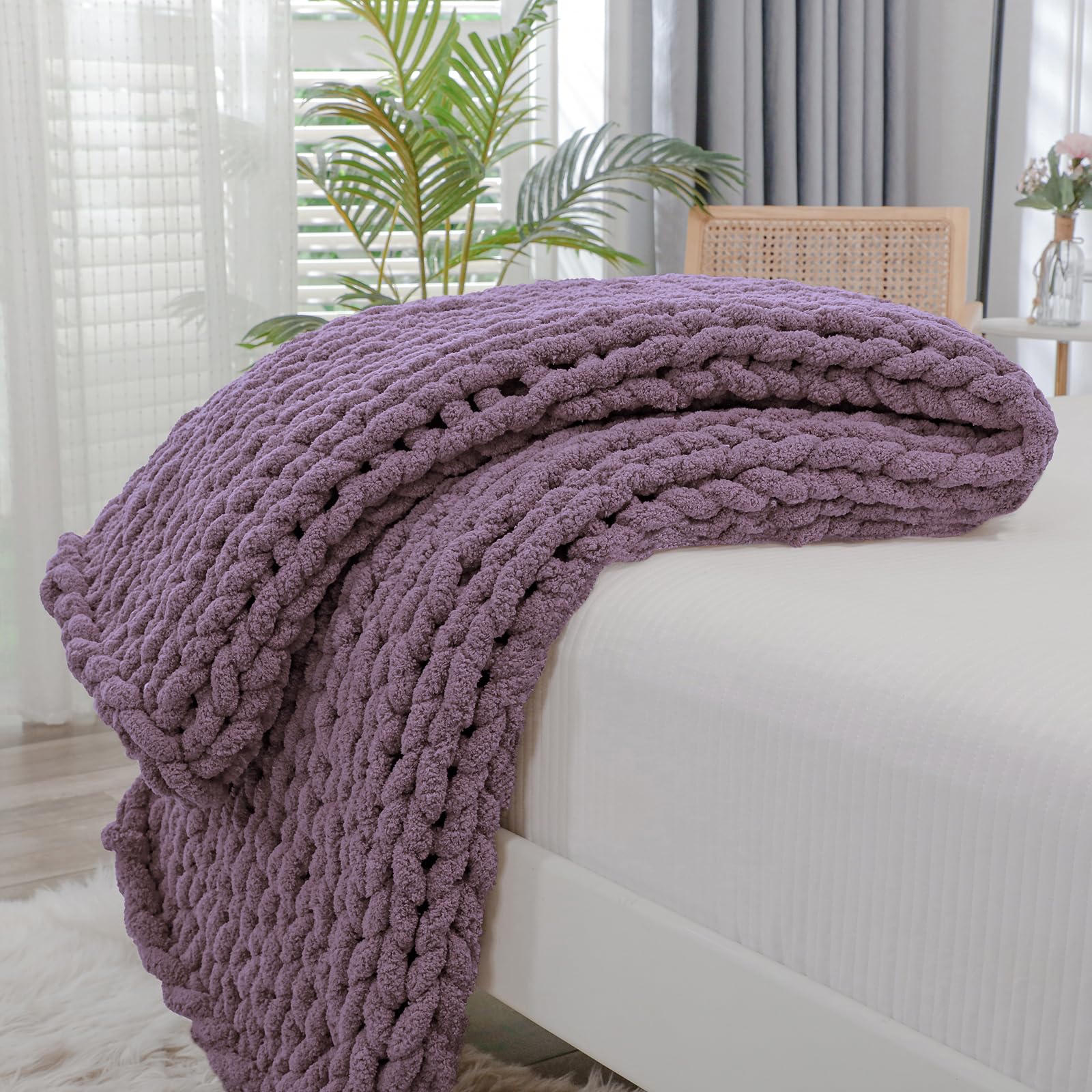 Bigacogo Chunky Knit Throw Blanket for Couch, 40x60 inches, 100% Hand Knitted with Thick Jumbo Chenille Yarn, Cozy Soft Large Rope Knot Cable Crochet Blankets for Sofa Bed Living Room, Beige
