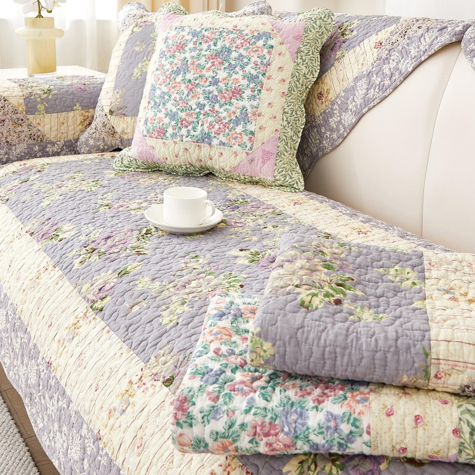 Leeva French Cream Ruffle Lace Quilted Sofa Slipcover, Beige Couch Protector & Decorative Slipcover for Living Room Cream Aesthetic Cottage Decor, Cotton-Linen Fabric, 27"x59"