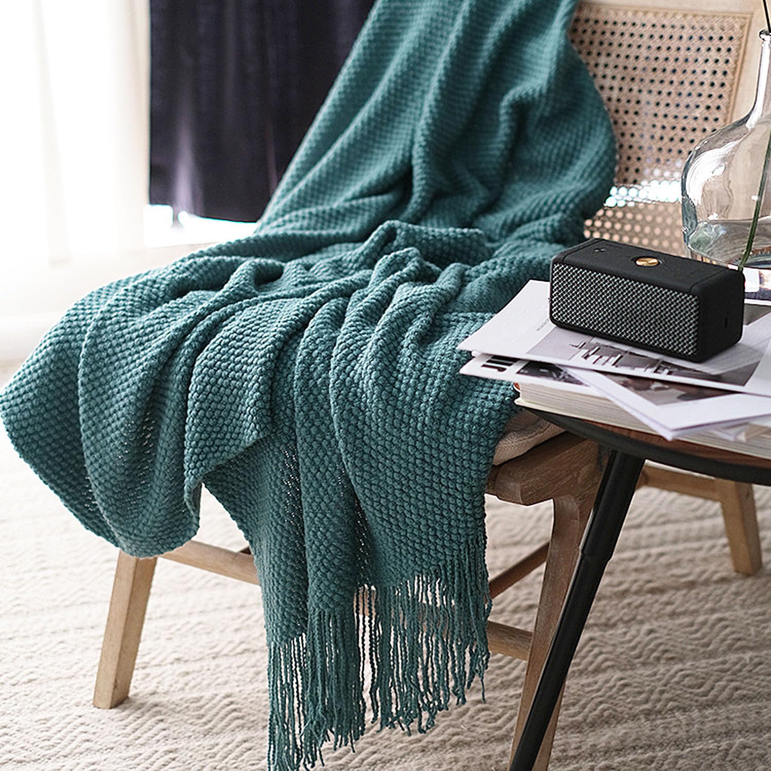LOMAO Knitted Throw Blanket with Tassels Bubble Textured Lightweight Throws for Couch Cover Home Decor (Cream, 60x80)
