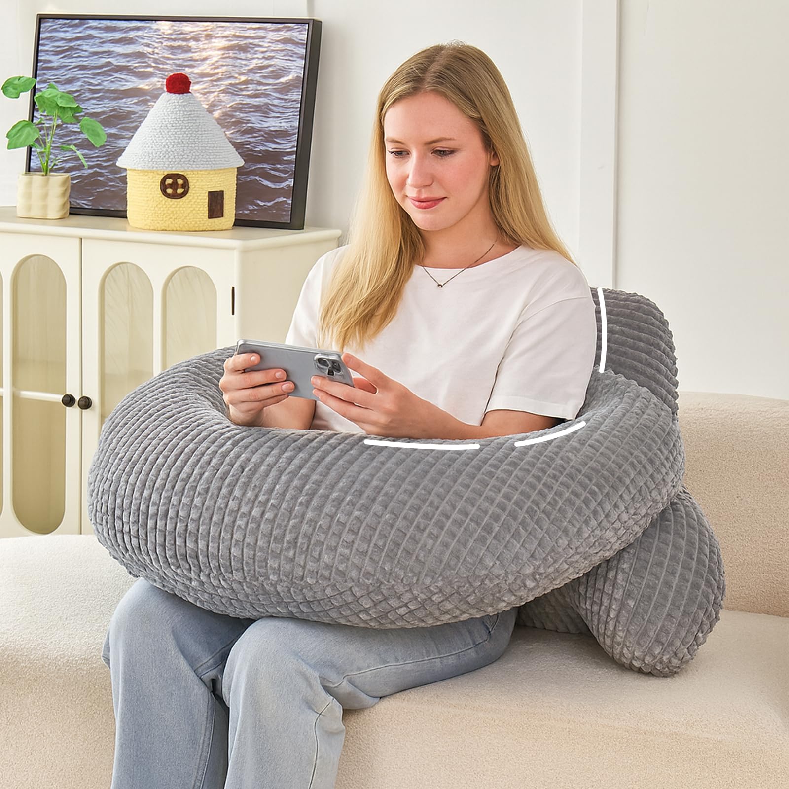 Bed Reading Pillow 17",Cozy Flannel U Shaped Back Support Cushion for Sitting up in Bed,Small Laptop Desk Lap Pillow for College Dorm,Apartment,Medium - White