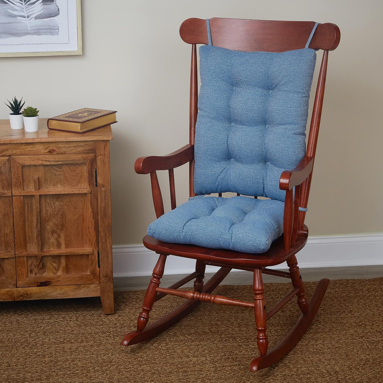 Klear Vu The Gripper Non-Slip Rocking Chair Cushion Set with Thick Padding, Includes Seat Pad & Back Pillow with Ties for Indoor Living Room Rocker, 17x17 Inches, 2 Piece Set, Wedgewood