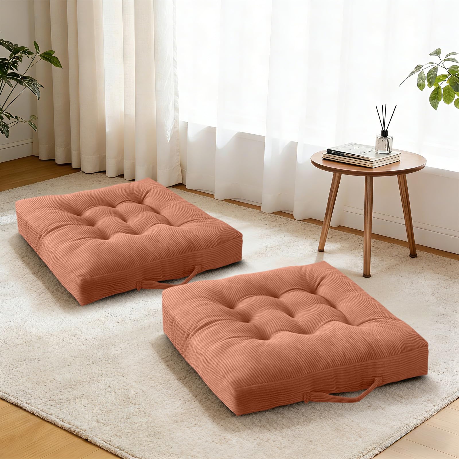 Set of 2 Beige Tufted Velvet Floor Seat Cushions 18×18 Inch, Washable Portable Chair Pads with Handle