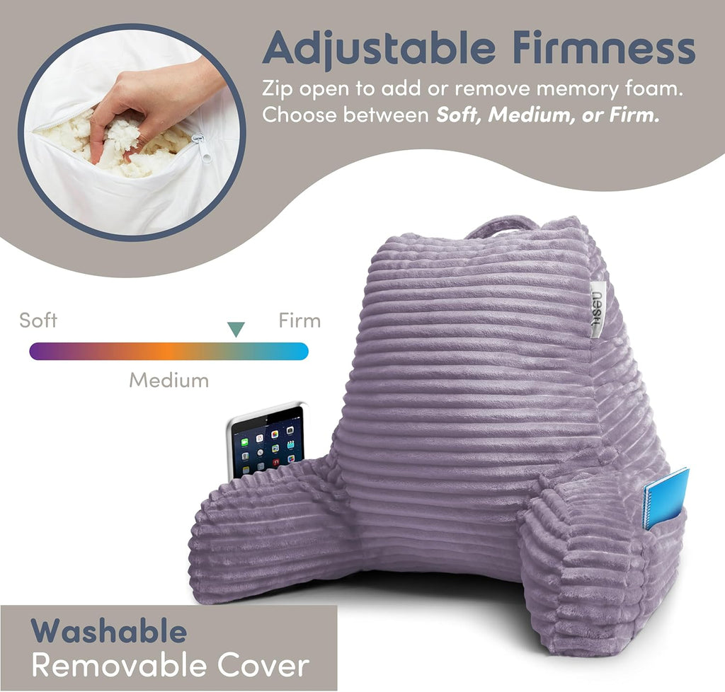 Nestl Reading Pillow with Shredded Memory Foam, Cut Plush Back Pillow for Sitting Up in Bed with Matching Throw Blanket, Back and Arms Adjustable Support for Adult&Teens, Backrest Pillows Dusty Purple