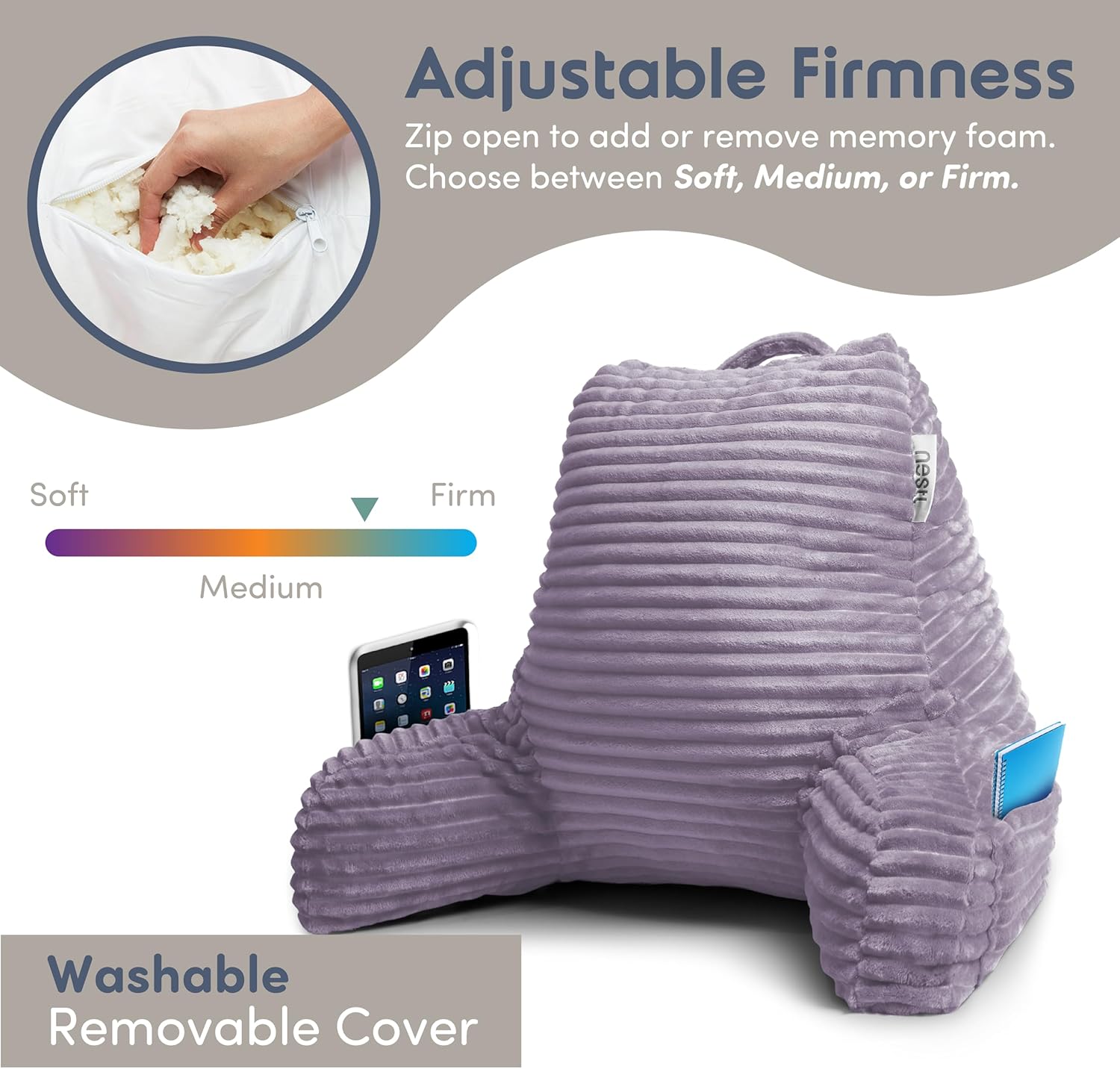 Nestl Reading Pillow with Shredded Memory Foam, Cut Plush Back Pillow for Sitting Up in Bed with Matching Throw Blanket, Back and Arms Adjustable Support for Adult&Teens, Backrest Pillows Dusty Purple