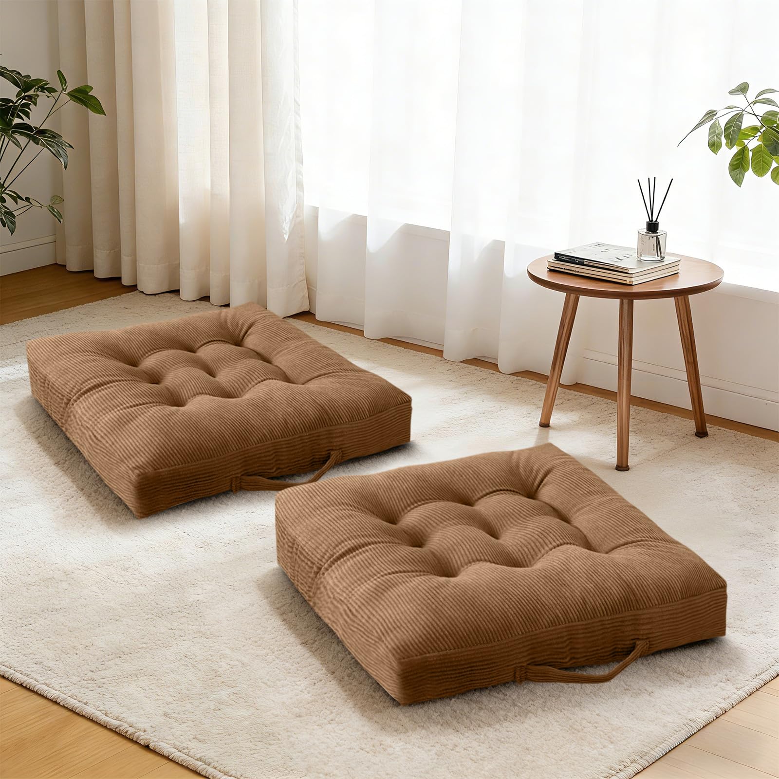 Set of 2 Beige Tufted Velvet Floor Seat Cushions 18×18 Inch, Washable Portable Chair Pads with Handle