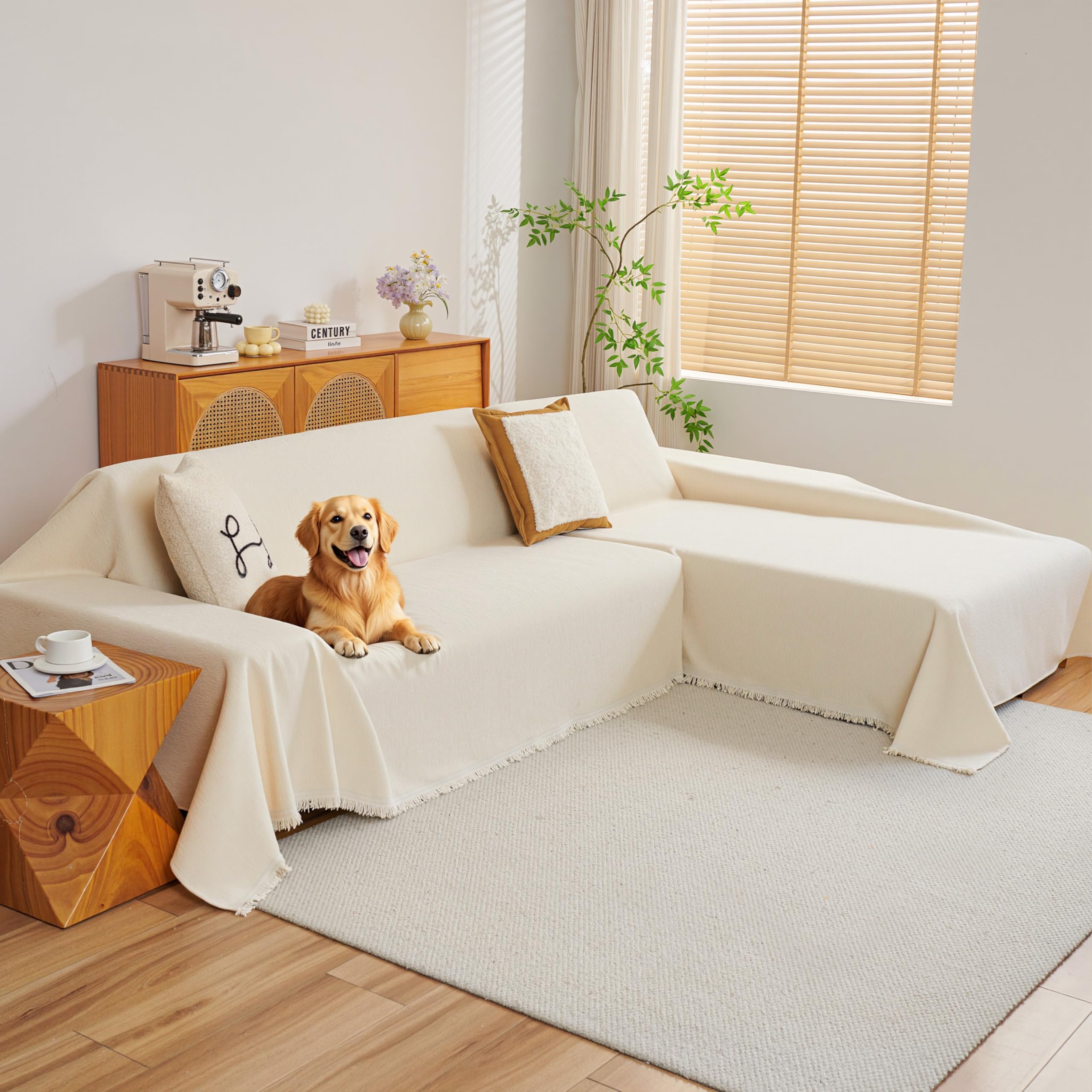 MYSKY HOME Couch Cover for Sectional Sofa, 2 Pieces Chenille Couch Covers for L Shape Sofa Cover, Furniture Protector for Pets, Kids, Sofa Slipcover for 2-3 Cushion Couch (71"x118"+71"x118", Beige)