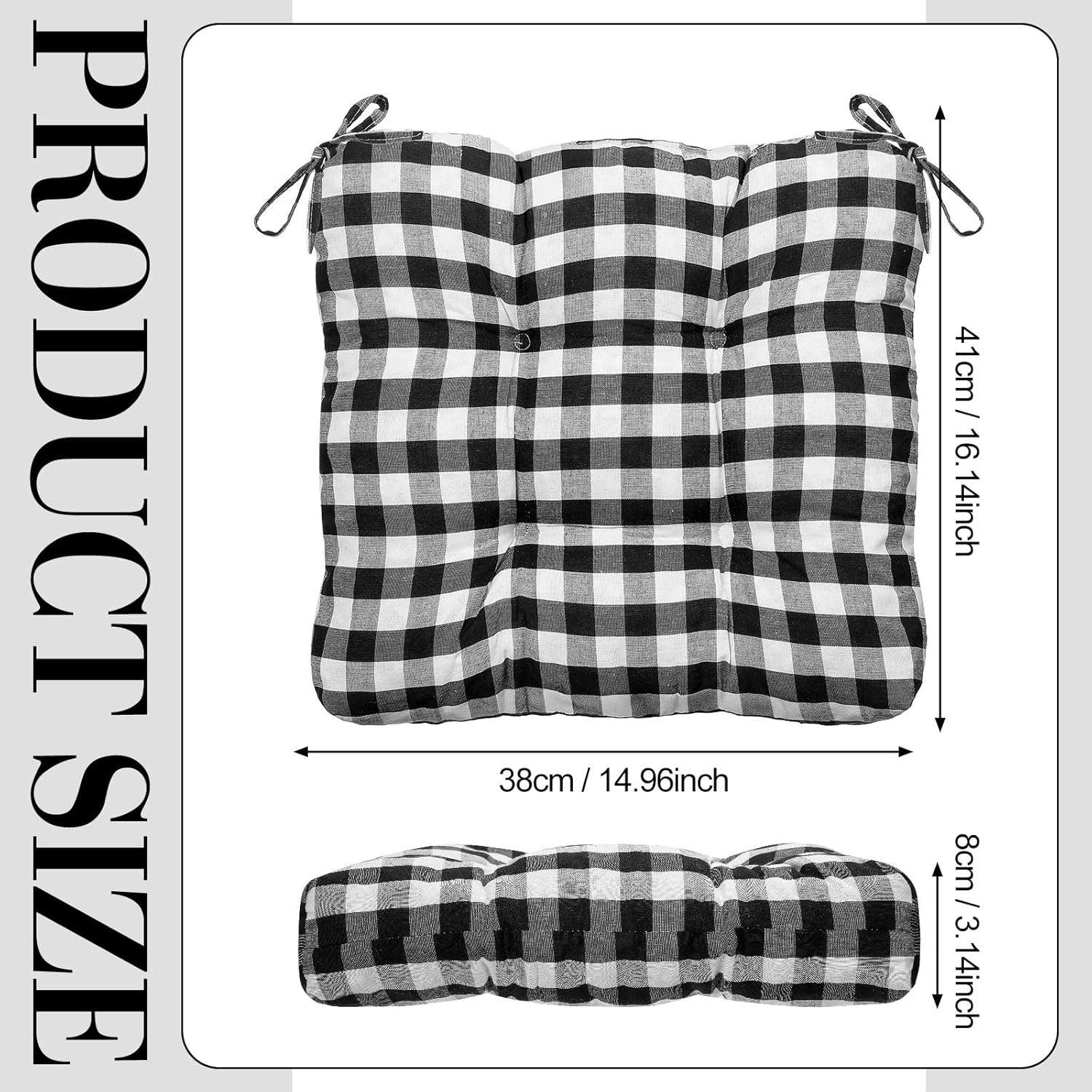 Geetery 4 Pack Chair Cushions for Dining Chairs, 16" x 15" Black and White Kitchen Chair Cushions with Ties Buffalo Plaid Soft Comfy Seat Pads for Home Office Living Room Outdoor Indoor