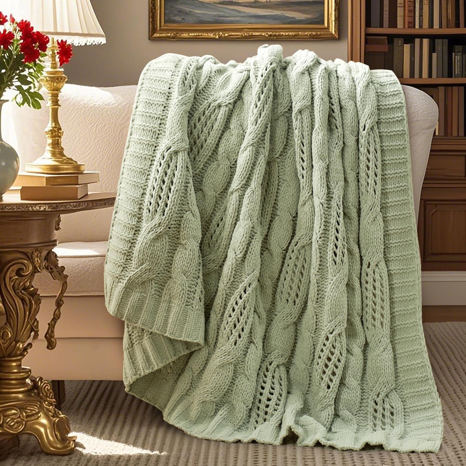 Amélie Home Chunky Knit Throw Blanket, Dual-Sided Soft Chenille Breathable Cable Knitted Blanket for Couch, Farmhouse Decorative Throw for Sofa & Chair, 50"x60", Sage Green