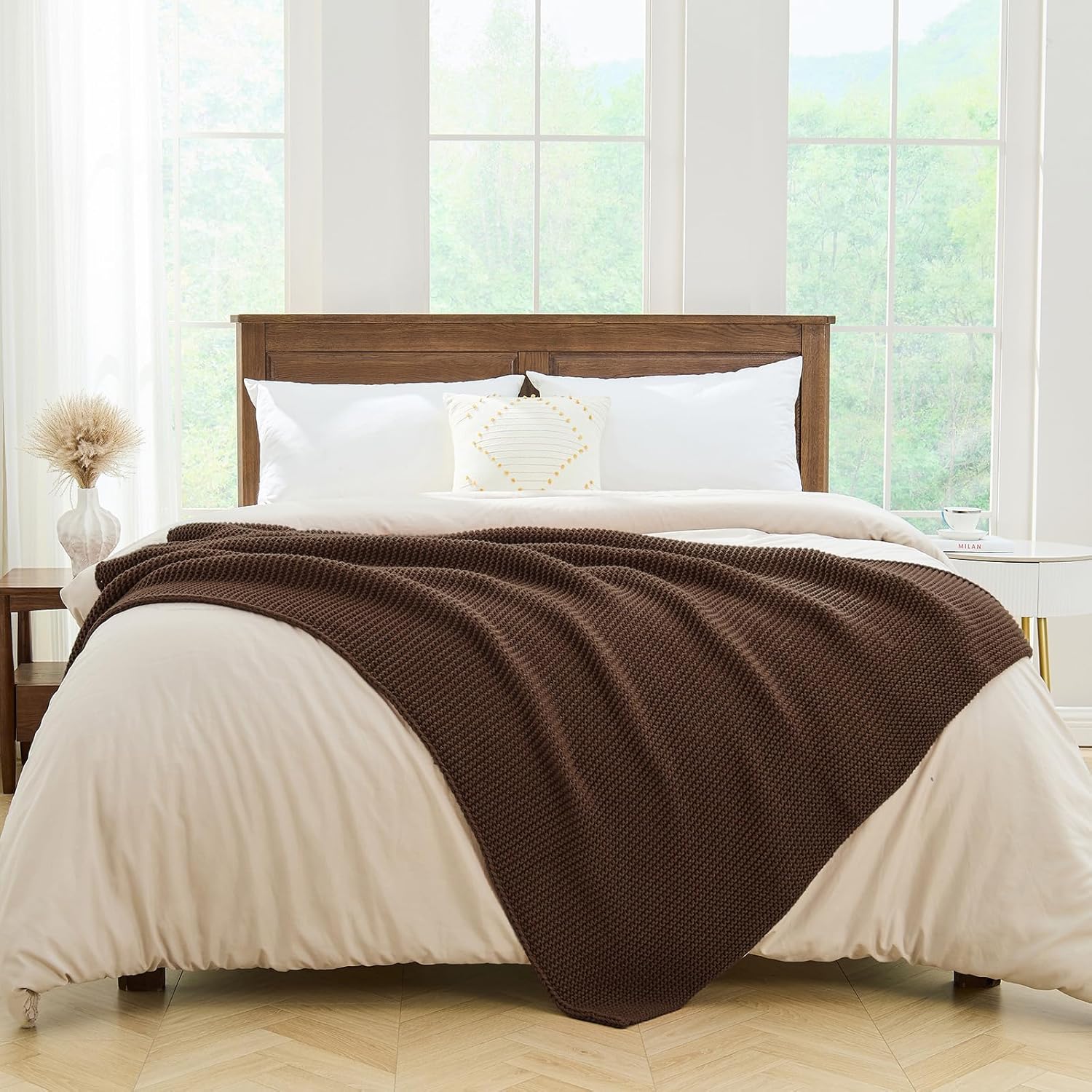 Dark Brown Throw Blanket for Couch, Brown Knit Throw Blanket, Soft Cozy Stretchy Reversible Garter Knitted Blankets for Bed, 50"x60", Dark Brown