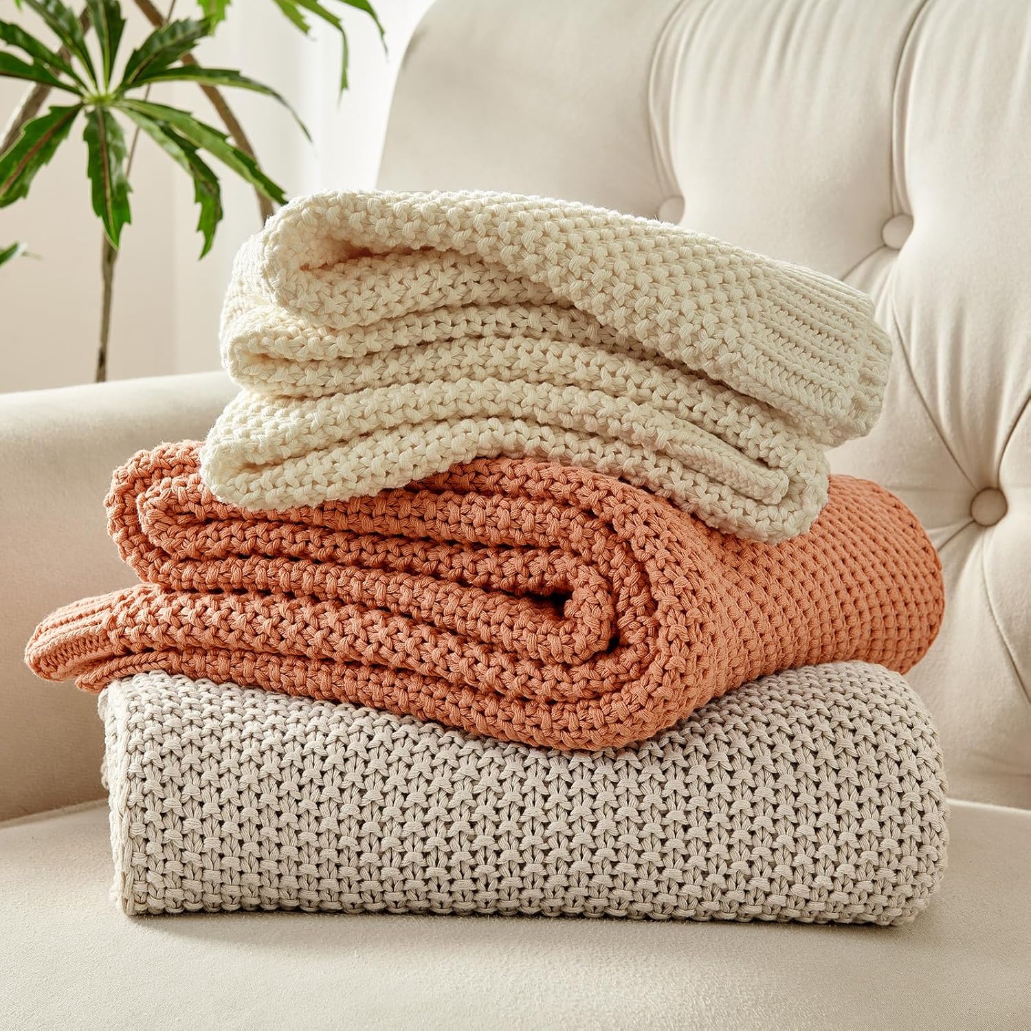 Joydeco Chunky Cable Knit Throw Blanket, Lightweight 100% Cotton Soft Cozy Throw Twin Blanket for Couch Bed and Sofa, Rustic Breathable Farmhouse Blanket Gift for Women Men(Cream White, 51"x63")