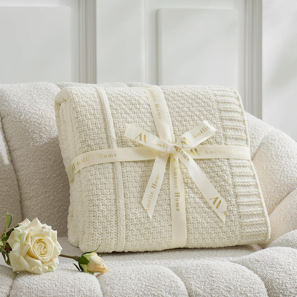 Amélie Home Premium Chenille Throw Blanket, Soft Cozy Moss Stitch Knit Blanket for Couch, Sofa, Chair, Home Decor, Cream White 50"x60"