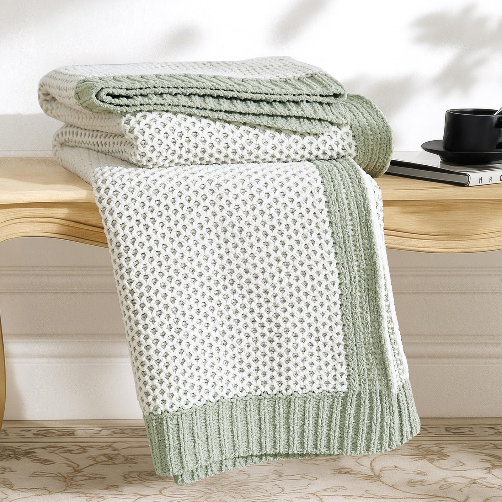 Amélie Home Chunky Knit Throw Blanket, Dual-Sided Soft Chenille Breathable Cable Knitted Blanket for Couch, Farmhouse Decorative Throw for Sofa & Chair, 50"x60", Sage Green