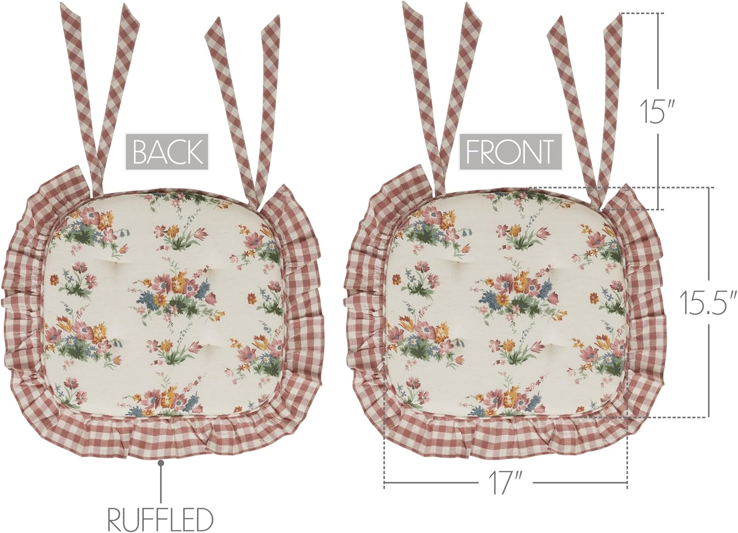 VHC Brands Rosehill Cottage Floral Ruffled Cotton Chair Pad - 15.5x17 - Dusty Rose & Natural Cushioned Seat Cushion