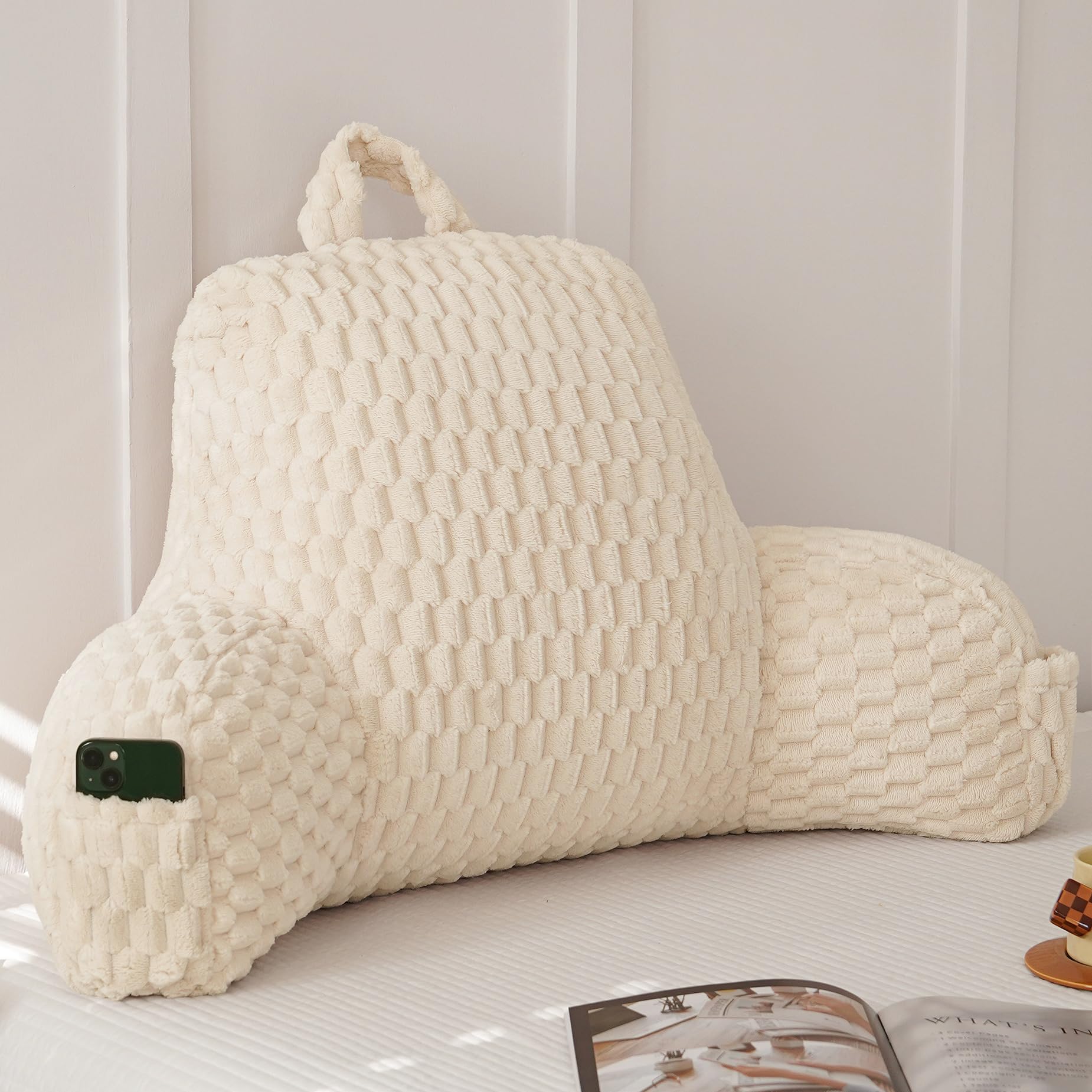 Fluffy Reading Pillow for Sitting in Bed, Large Backrest Bed Pillow with Arms, Back Support Pillow for Lounging Bedrest, Beige