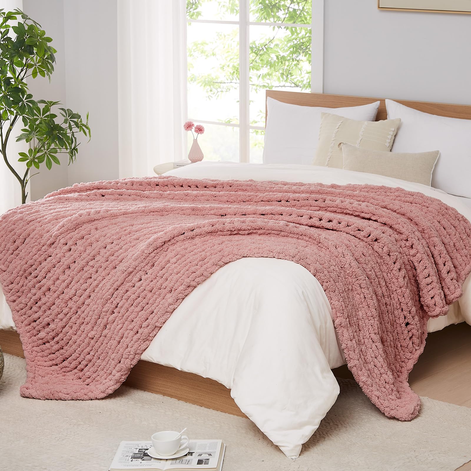 L'AGRATY Chunky Knit Blanket Throw,Soft Chenille Yarn Throw Blanket 50x60，Handmade Cable Knit Crochet Blanket,Large Knit Blankets Chunky Yarn,Rope Knot Throw Blanket for Couch Sofa Bed Home Decor