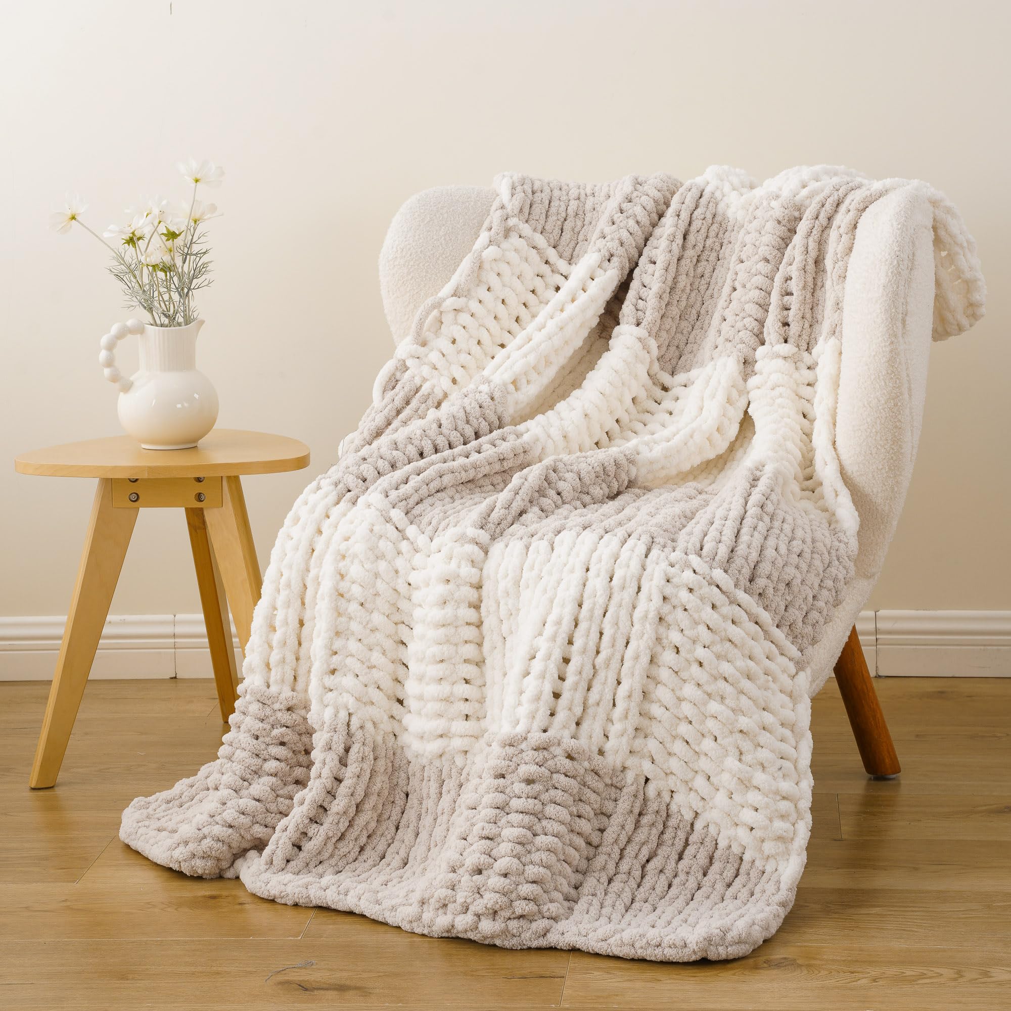 Battilo Brown Chunky Knit Throw Blanket, Soft and Thick Chenille Throw Blanket, 50"x60" Handmade Cable Knit Crochet Blanket, Knot Throw Blankets for Couch Sofa Bed Home Decor (Brown, 50"x60")