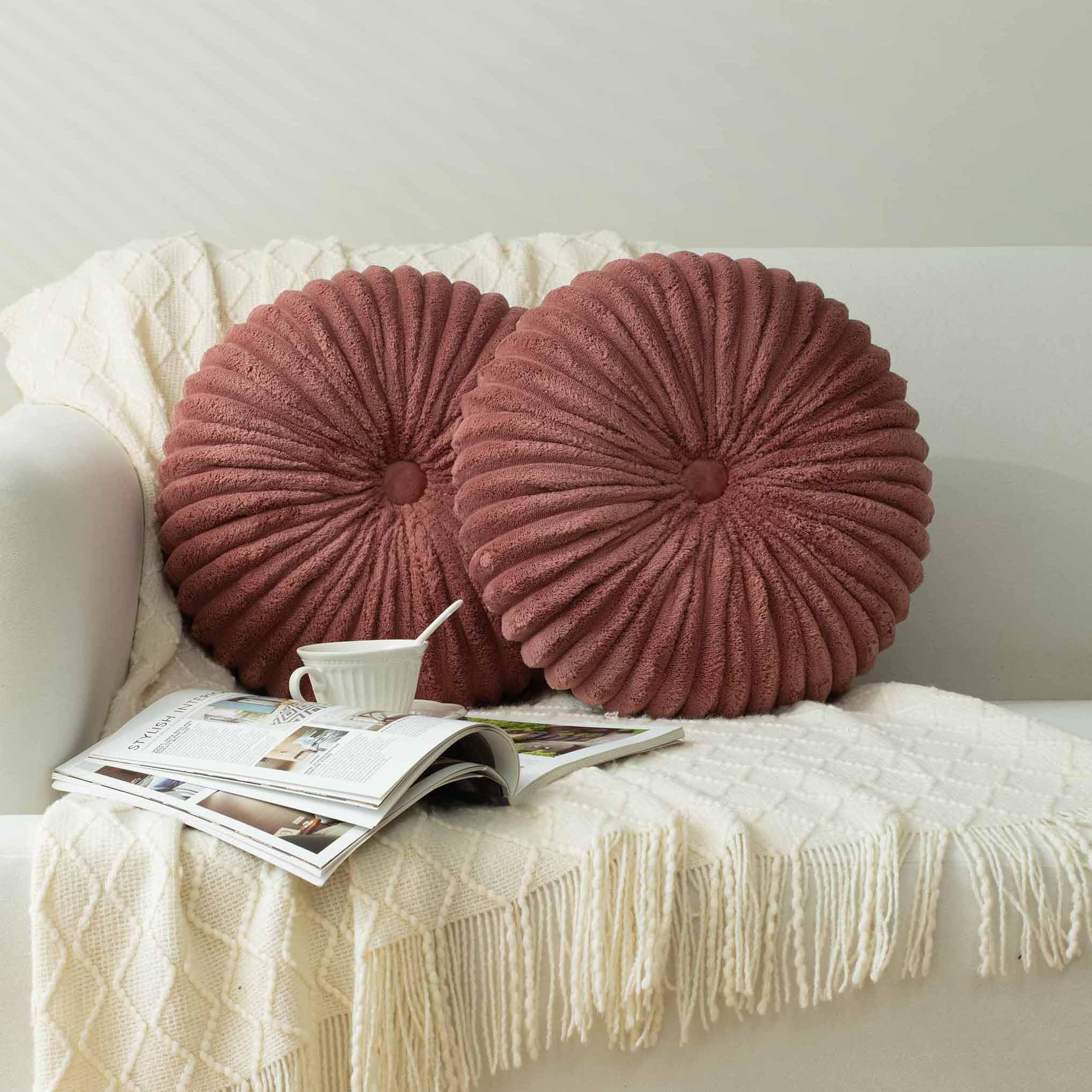 HIG Decorative Round Throw Pillows for Bed Couch -Set of 2 Handcraft Ruched Pumpkin Pillow, Soft and Durable Flannel Floor Pillow for Home Decor, Bed Living Room and Sofa (Dusty Rose,14.5"x14.5")