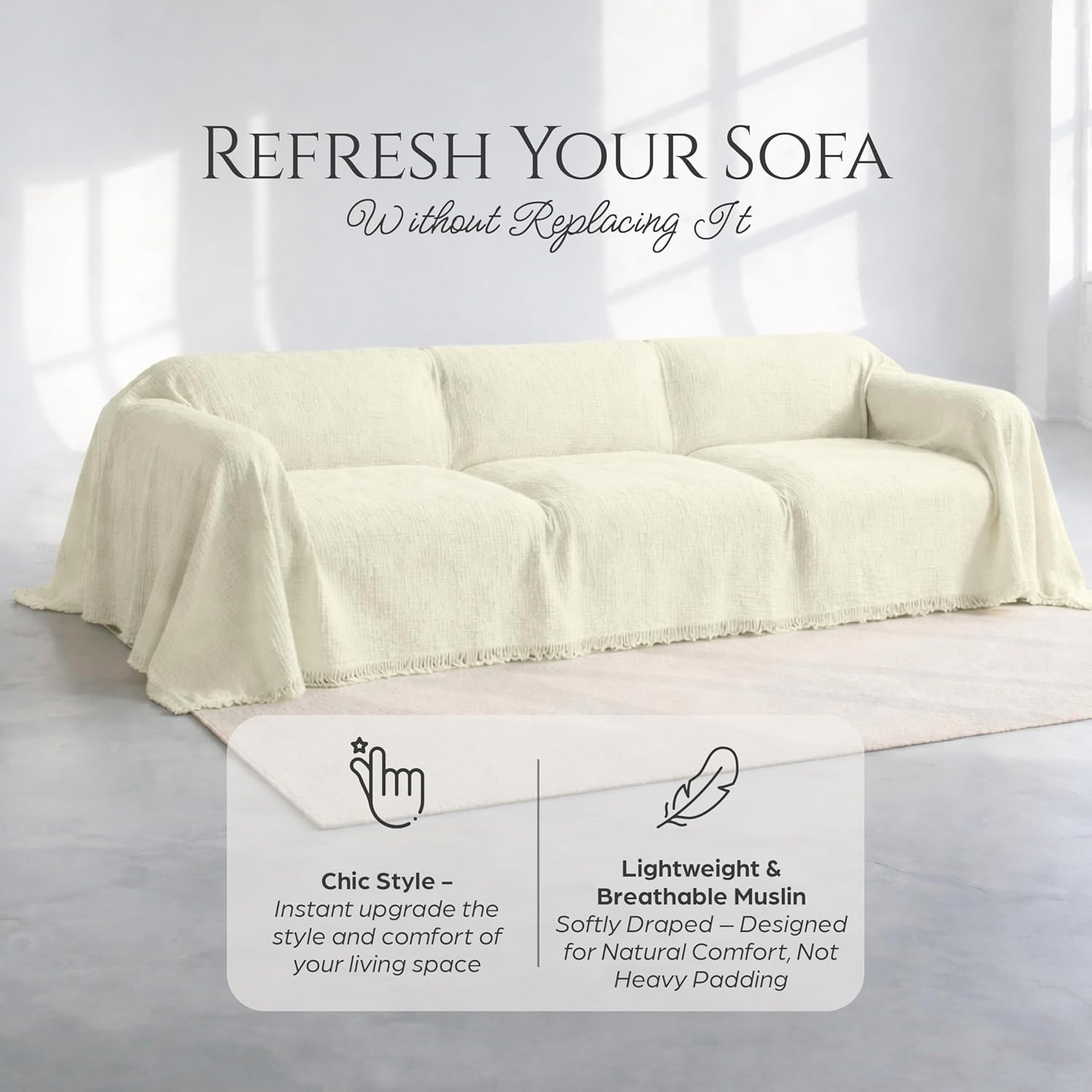 Washable Sofa Cover%100 Pure Cotton, Cream Couch Covers for Loveseat, Futon, Sofa, Sectional L Shape, U Shape, 4 Layered Natural Muslin Cloud Like Boho Couch Cover (Cream, 70x98/177x250cm)