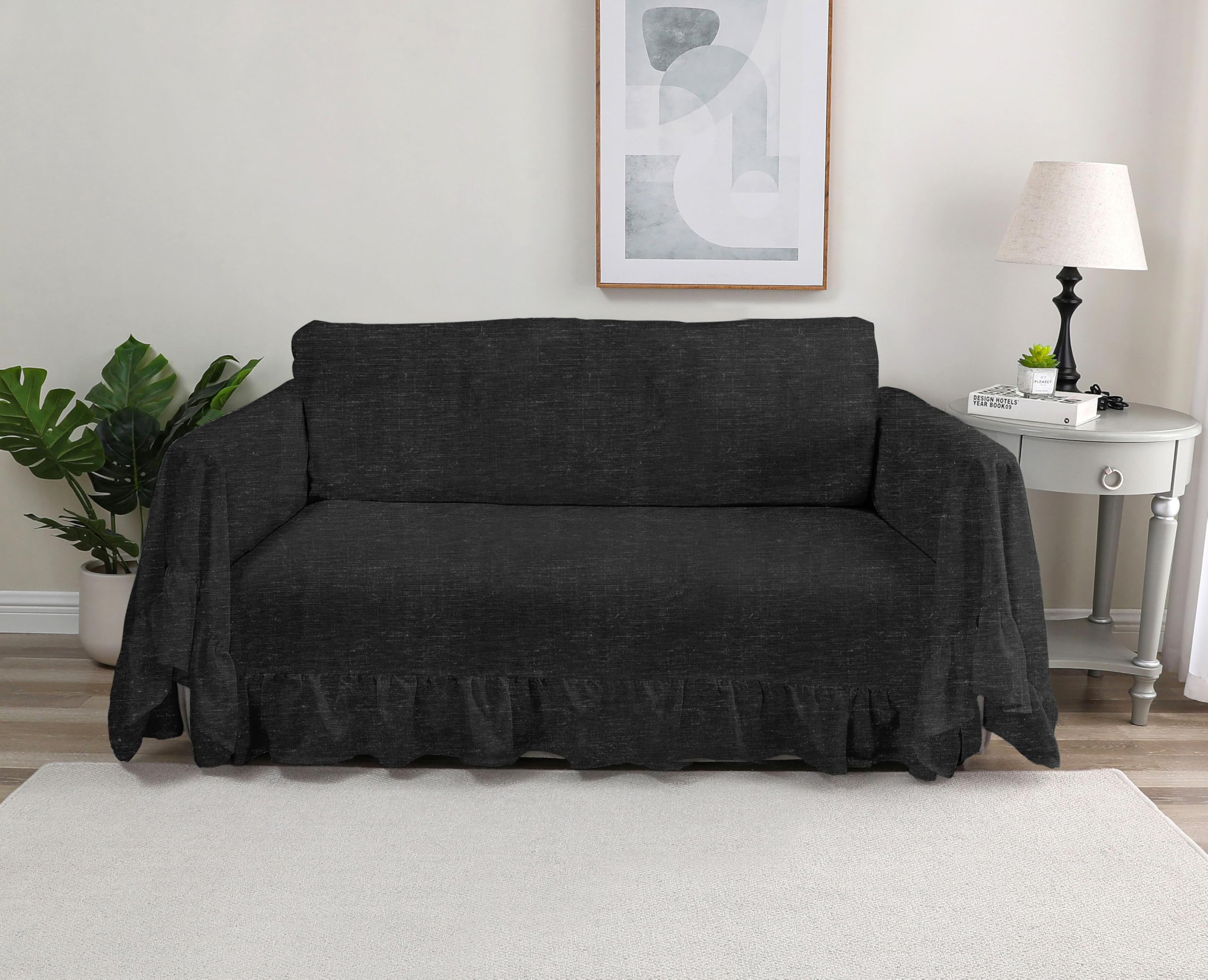 Rustic Linen Sofa Cover with Tie Strings, Full Couch Protector Durable Throw Slipcover Ruffled Edge (White, Large Sofa)