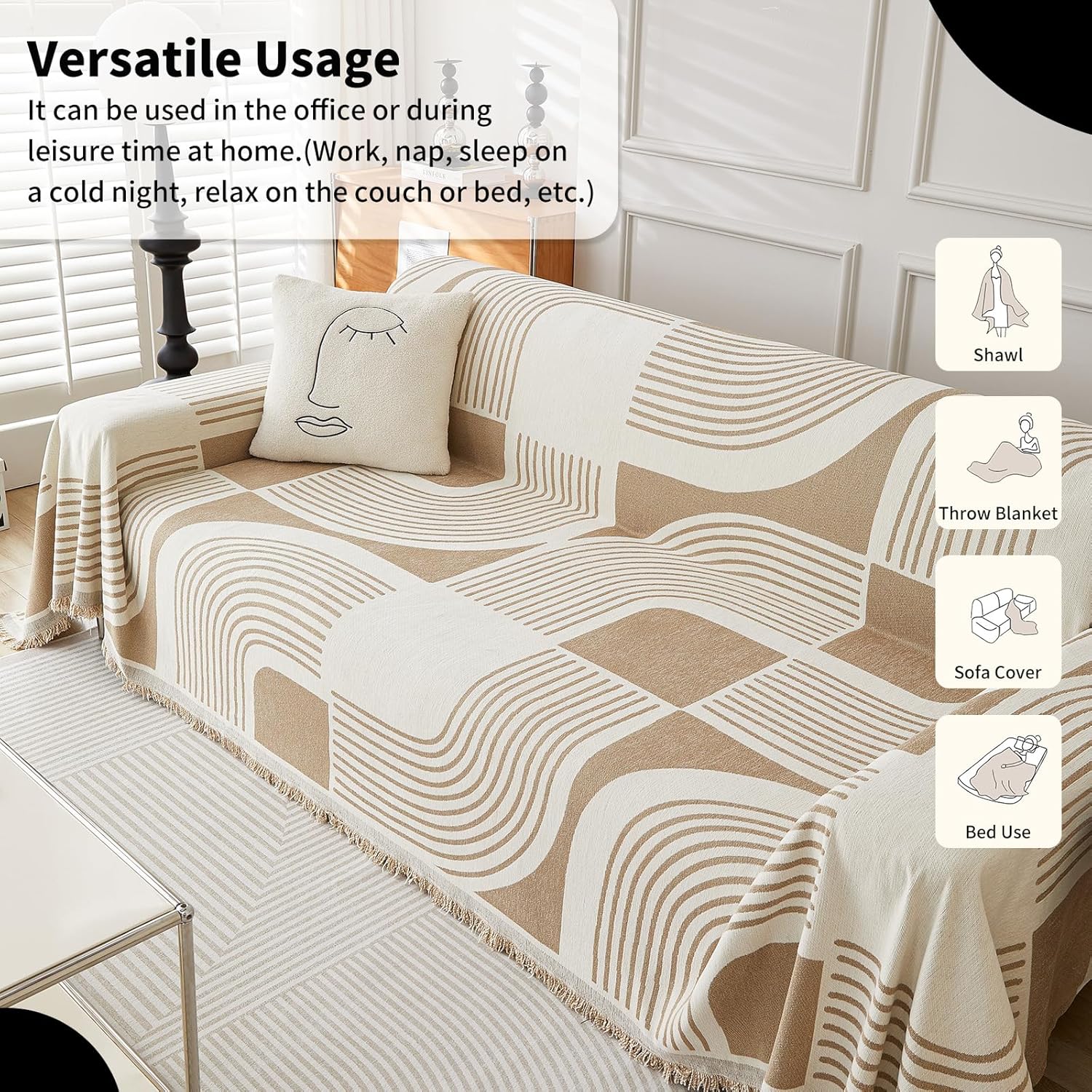 WEYOND Boho Couch Cover Sofa Covers Washable, Chenille Couch Covers for 3 Cushion Couch Sofa Pet Friendly, Bohemian Sofa Slipcovers for Sectional Sofa, Loveseat, 2 3 4 Seater (71" x 102", Khaki)