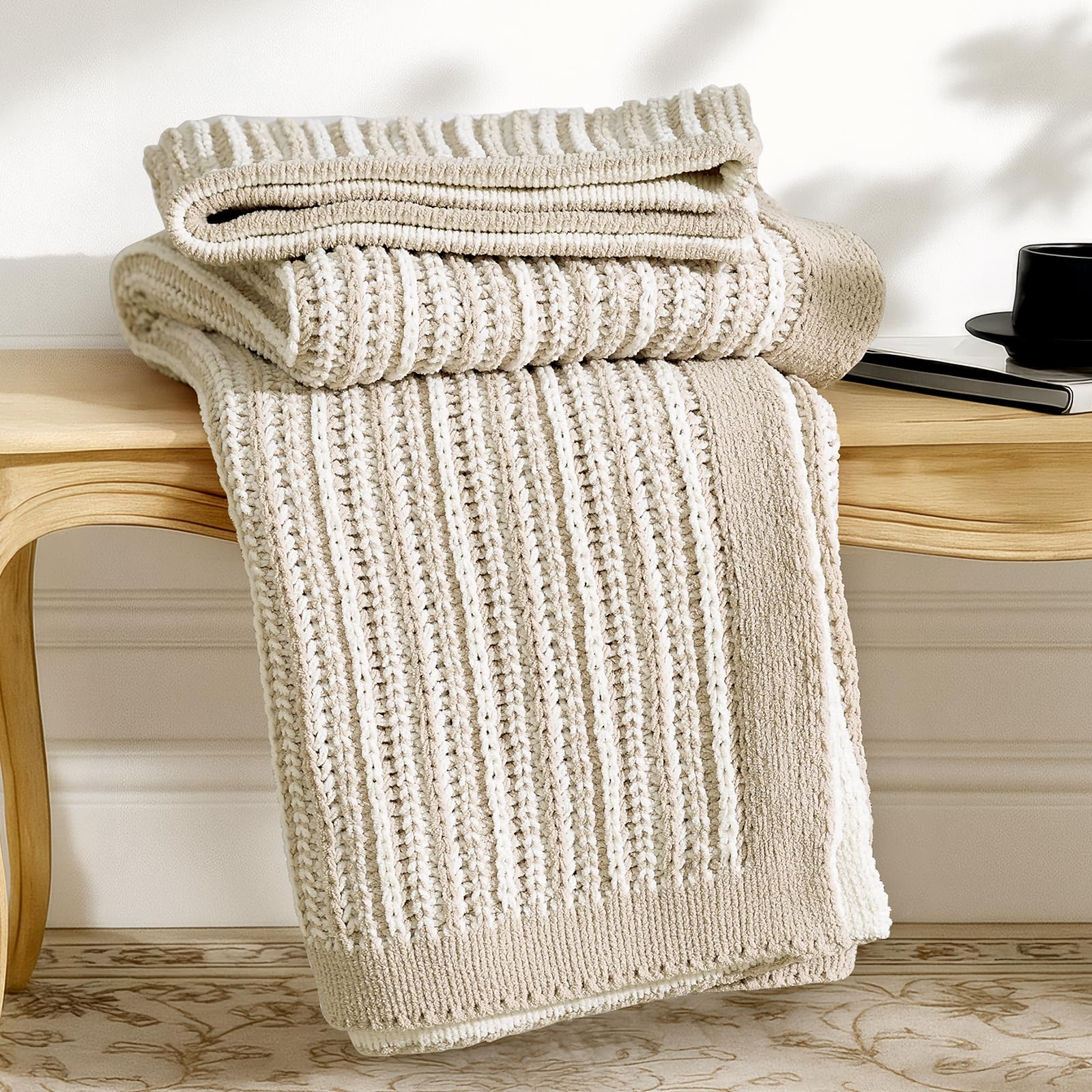Amélie Home Chunky Knit Throw Blanket, Dual-Sided Soft Chenille Breathable Cable Knitted Blanket for Couch, Farmhouse Decorative Throw for Sofa & Chair, 50"x60", Sage Green
