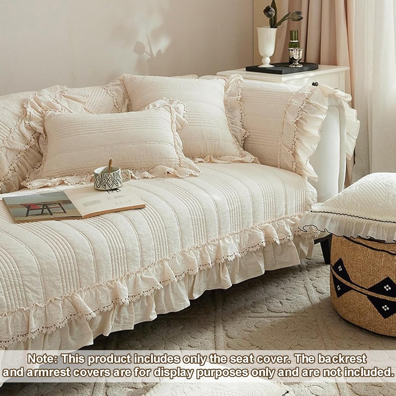 Leeva French Cream Ruffle Lace Quilted Sofa Slipcover, Beige Couch Protector & Decorative Slipcover for Living Room Cream Aesthetic Cottage Decor, Cotton-Linen Fabric, 27"x59"