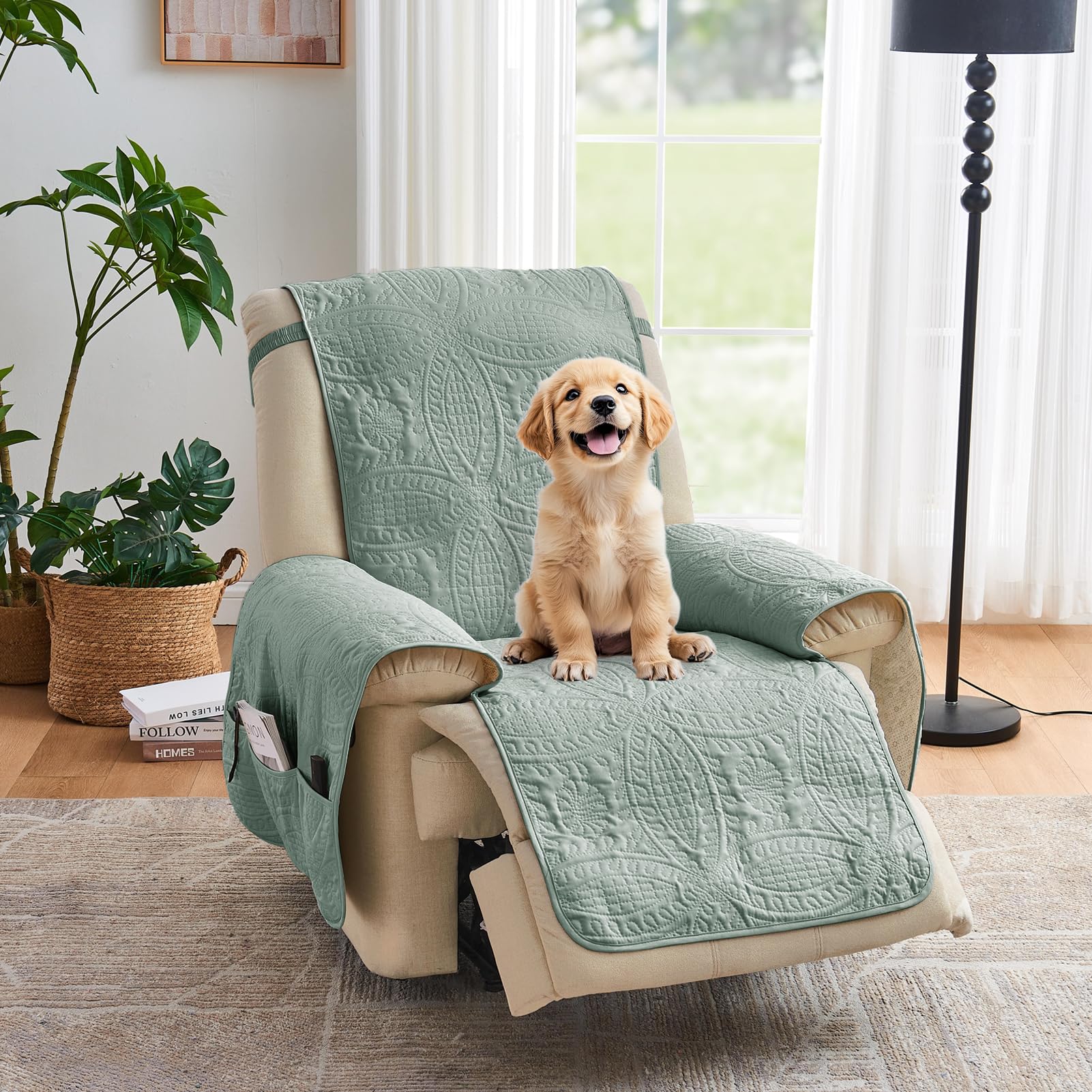 Quilted Sofa Slipcovers with Pockets, Anti-Slip Medallion Designed Couch Covers for 3 Cushion Sofa, Couch Cover for Dogs Cats Water-Repellent Machine Washable (Large Sofa 68", Ivory White)