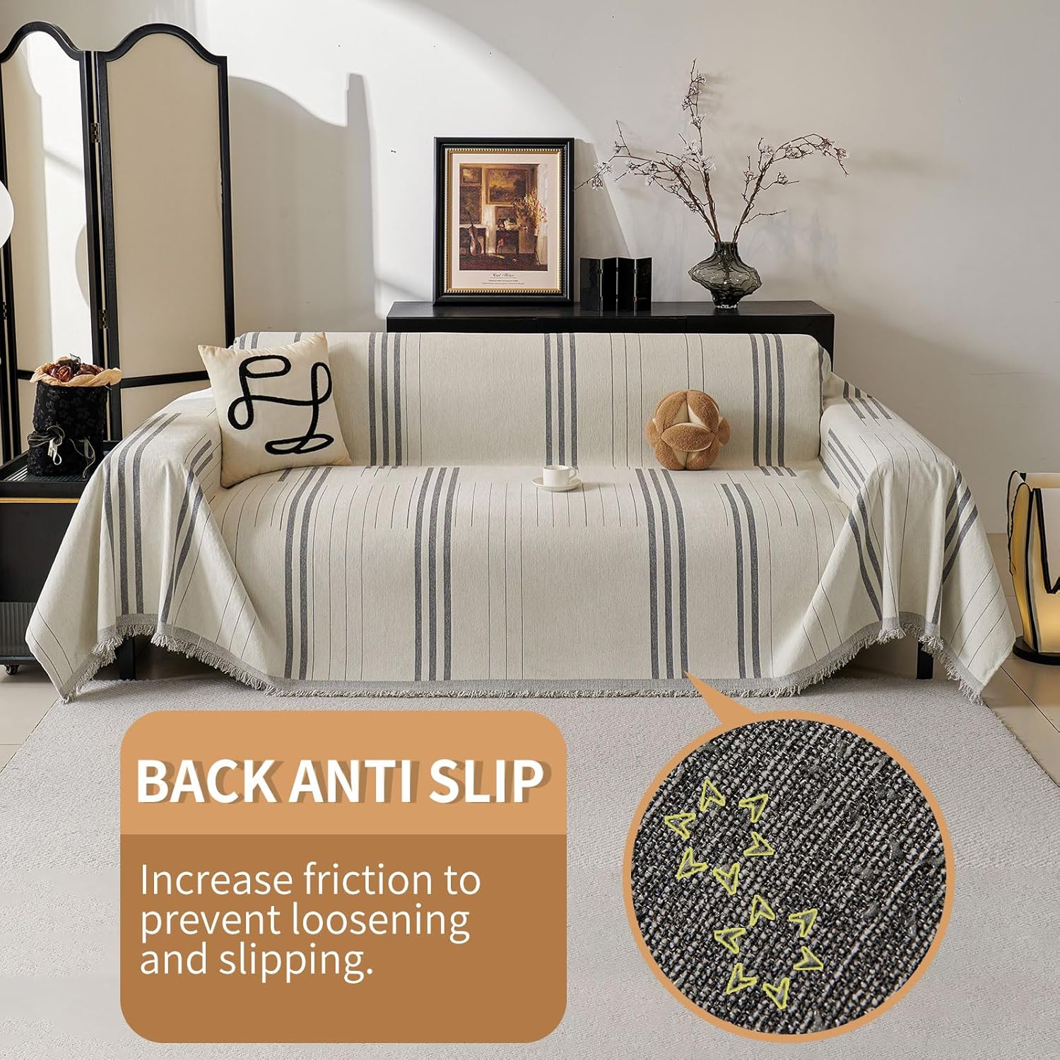 Boho Couch Covers for Sofa Washable Sofa Covers for 3 Cushion Couch Soft Non Slip Couch Covers for Sectional Sofa Dog Pet Furniture Protector (Light Gray, 91"*134")