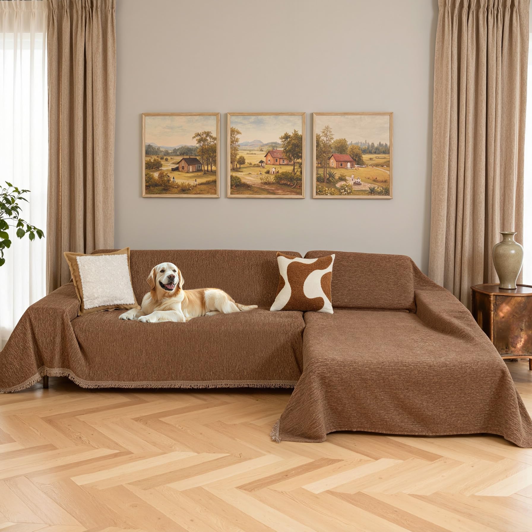 MYSKY HOME Couch Cover for Sectional Sofa, 2 Pieces Chenille Couch Covers for L Shape Sofa Cover, Furniture Protector for Pets, Kids, Sofa Slipcover for 2-3 Cushion Couch (71"x118"+71"x118", Beige)