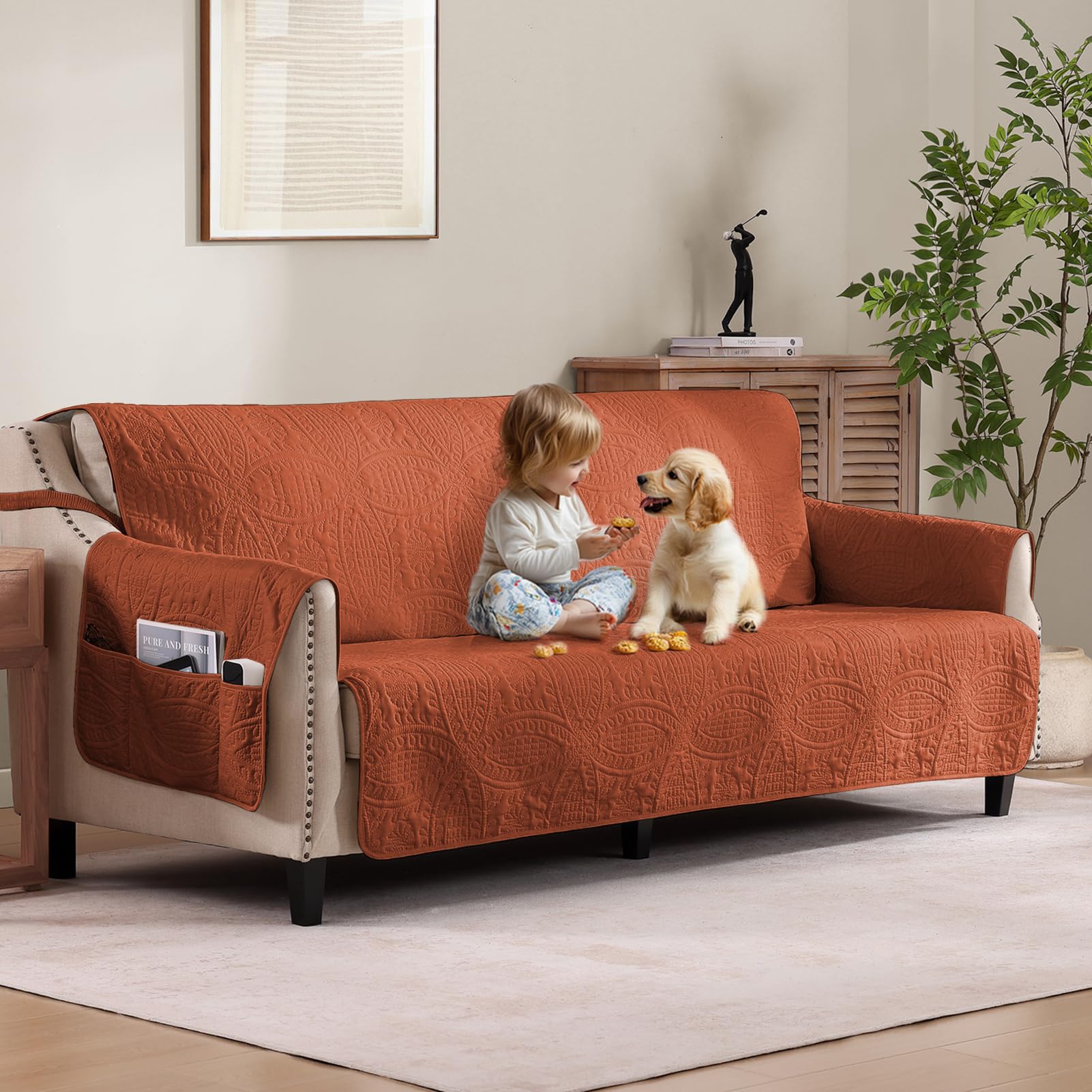 Quilted Sofa Slipcovers with Pockets, Anti-Slip Medallion Designed Couch Covers for 3 Cushion Sofa, Couch Cover for Dogs Cats Water-Repellent Machine Washable (Large Sofa 68", Ivory White)