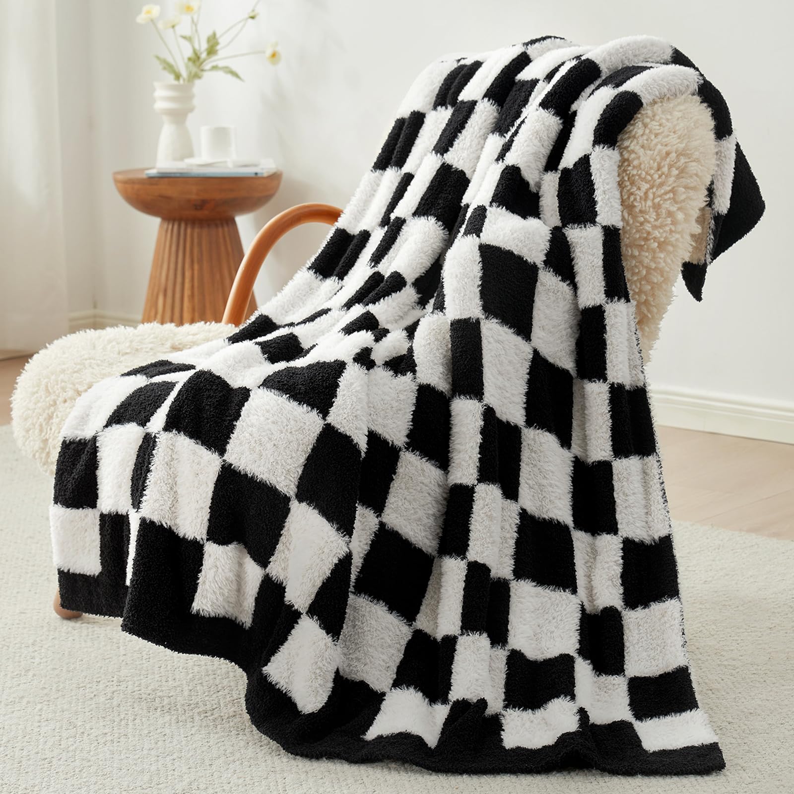 Snuggle Sac Sage Green Checkered Throw Blanket Faux Fur Knitted with Microfiber Yarn, Cozy Soft Warm Spring Blankets for Couch,Sofa,Bedroom,Sage Green Checker,50x60 inches