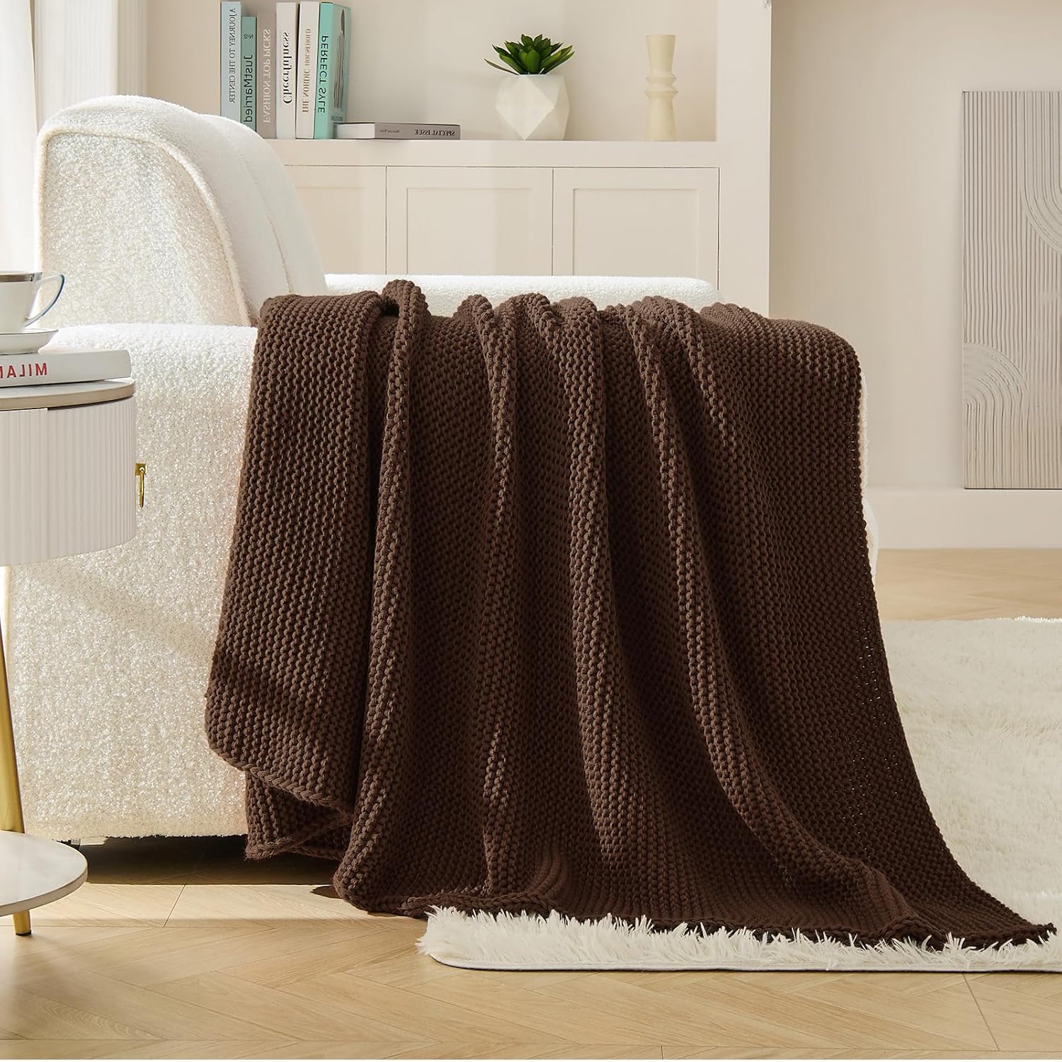 Dark Brown Throw Blanket for Couch, Brown Knit Throw Blanket, Soft Cozy Stretchy Reversible Garter Knitted Blankets for Bed, 50"x60", Dark Brown
