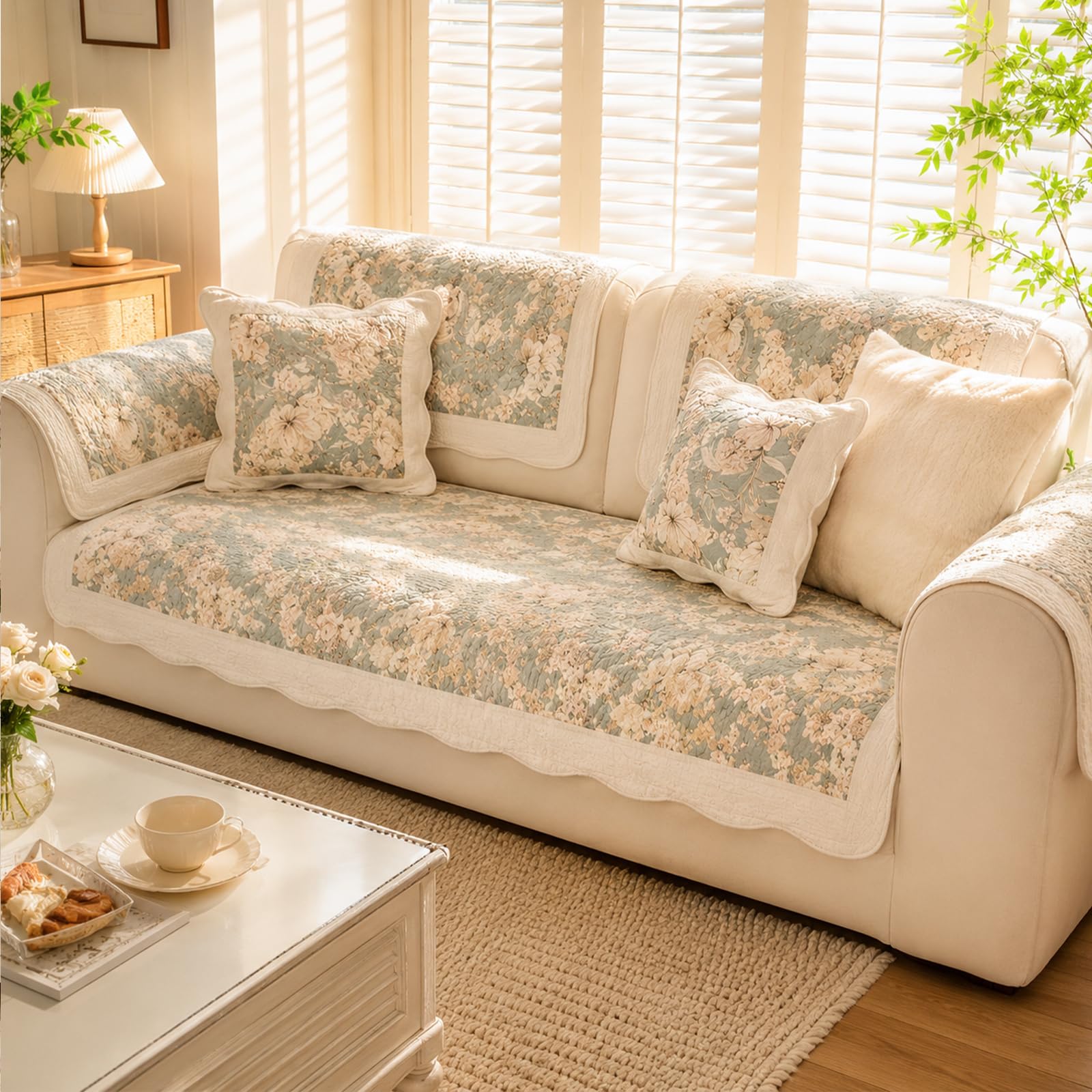 Leeva French Cream Ruffle Lace Quilted Sofa Slipcover, Beige Couch Protector & Decorative Slipcover for Living Room Cream Aesthetic Cottage Decor, Cotton-Linen Fabric, 27"x59"