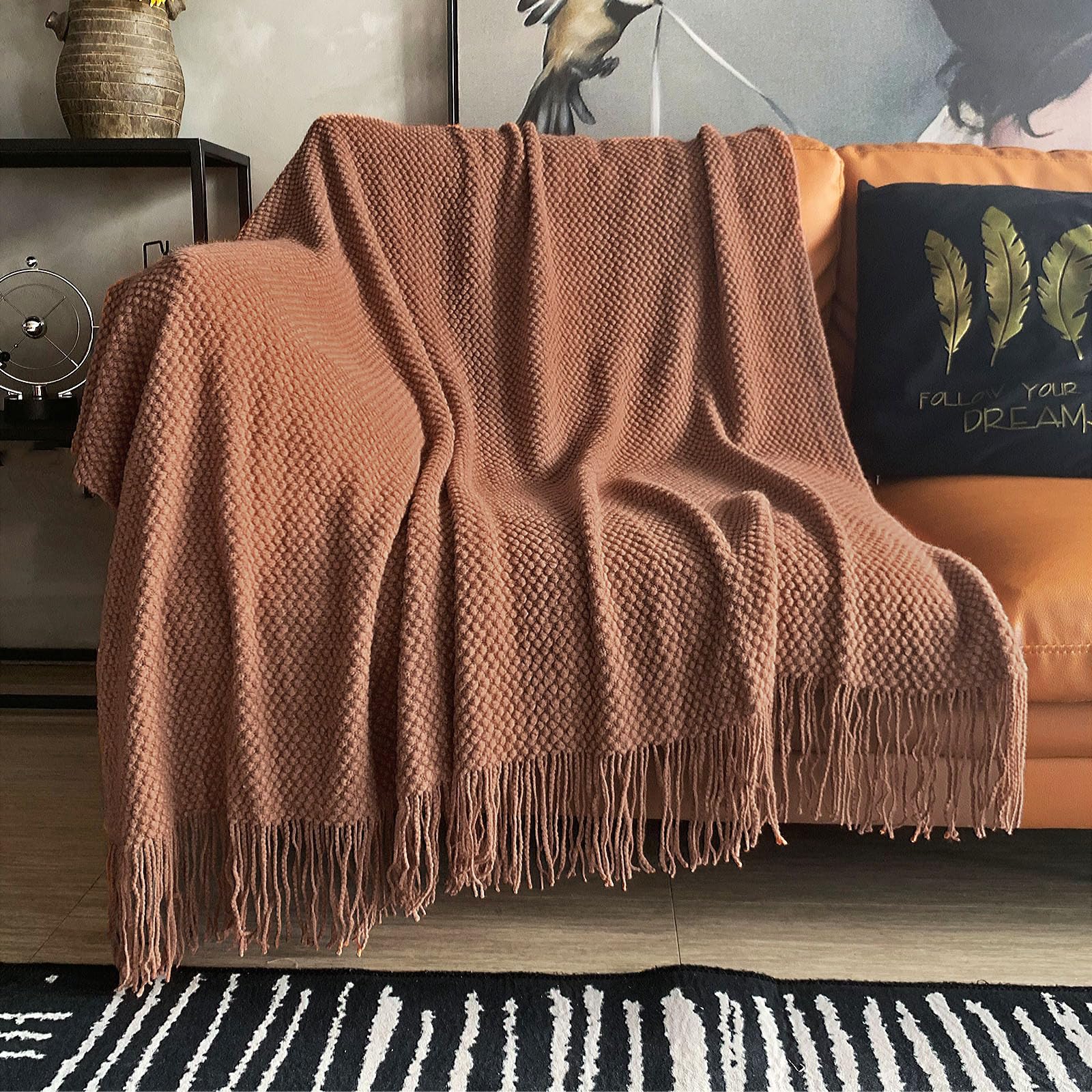 LOMAO Knitted Throw Blanket with Tassels Bubble Textured Lightweight Throws for Couch Cover Home Decor (Cream, 60x80)