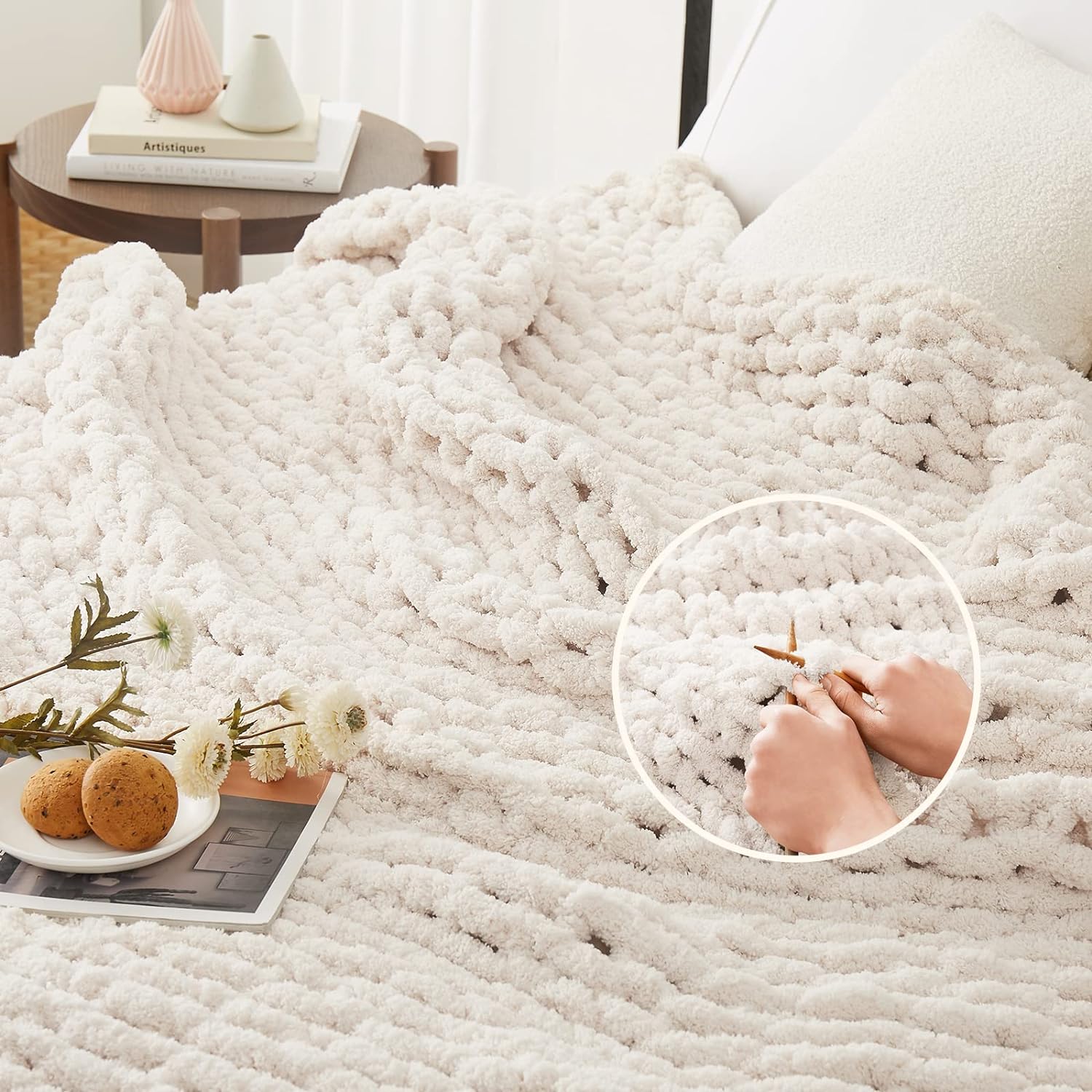 L'AGRATY Chunky Knit Blanket Throw,Soft Chenille Yarn Throw Blanket 50x60，Handmade Cable Knit Crochet Blanket,Large Knit Blankets Chunky Yarn,Rope Knot Throw Blanket for Couch Sofa Bed Home Decor