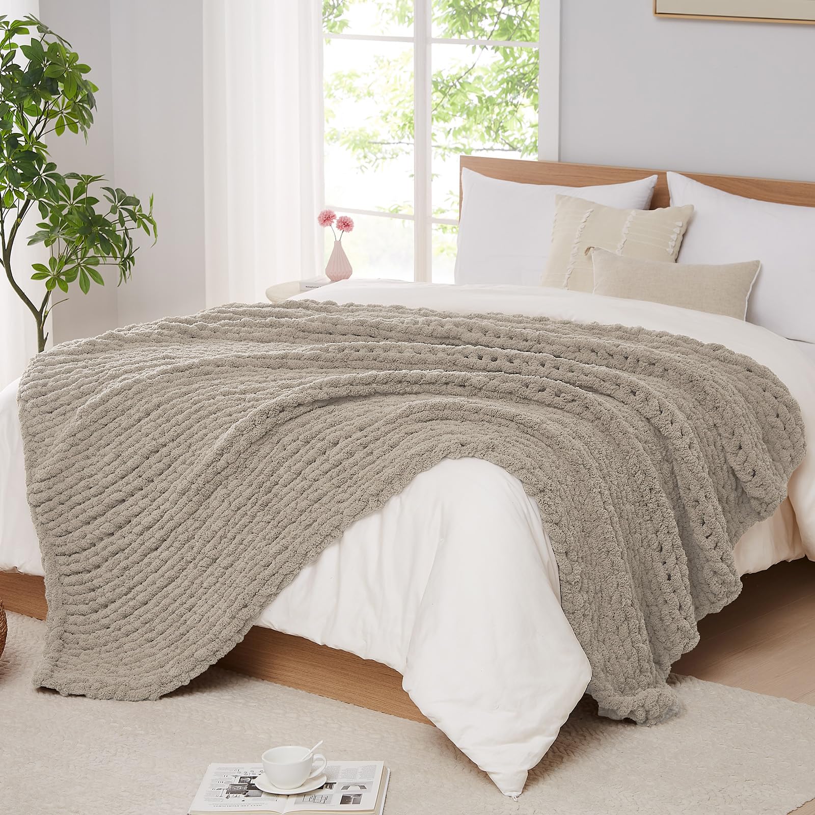 L'AGRATY Chunky Knit Blanket Throw,Soft Chenille Yarn Throw Blanket 50x60，Handmade Cable Knit Crochet Blanket,Large Knit Blankets Chunky Yarn,Rope Knot Throw Blanket for Couch Sofa Bed Home Decor