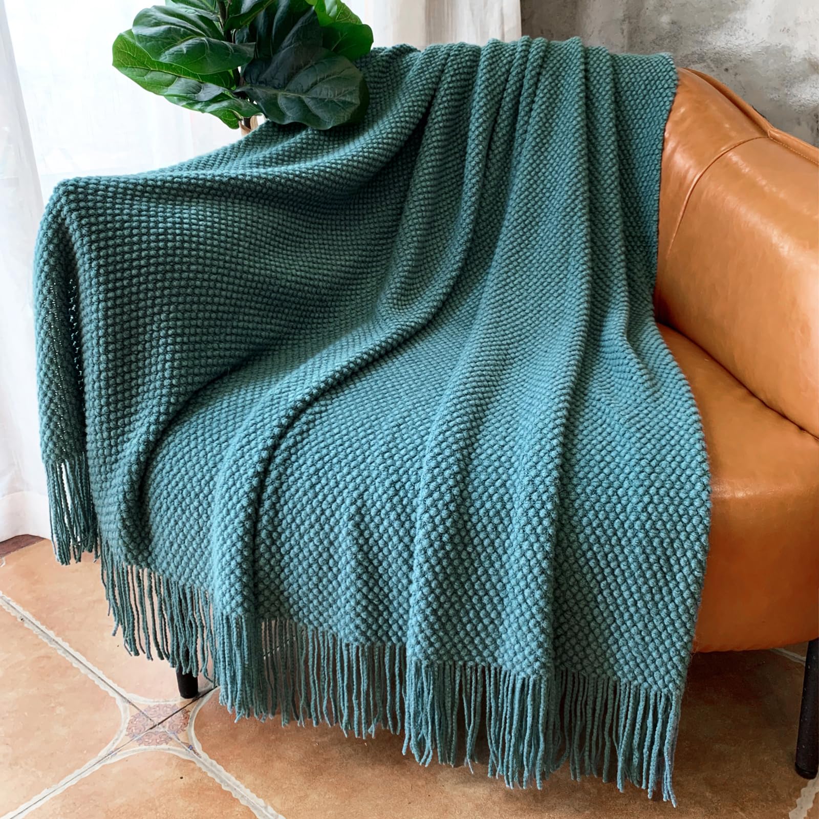 LOMAO Knitted Throw Blanket with Tassels Bubble Textured Lightweight Throws for Couch Cover Home Decor (Cream, 60x80)