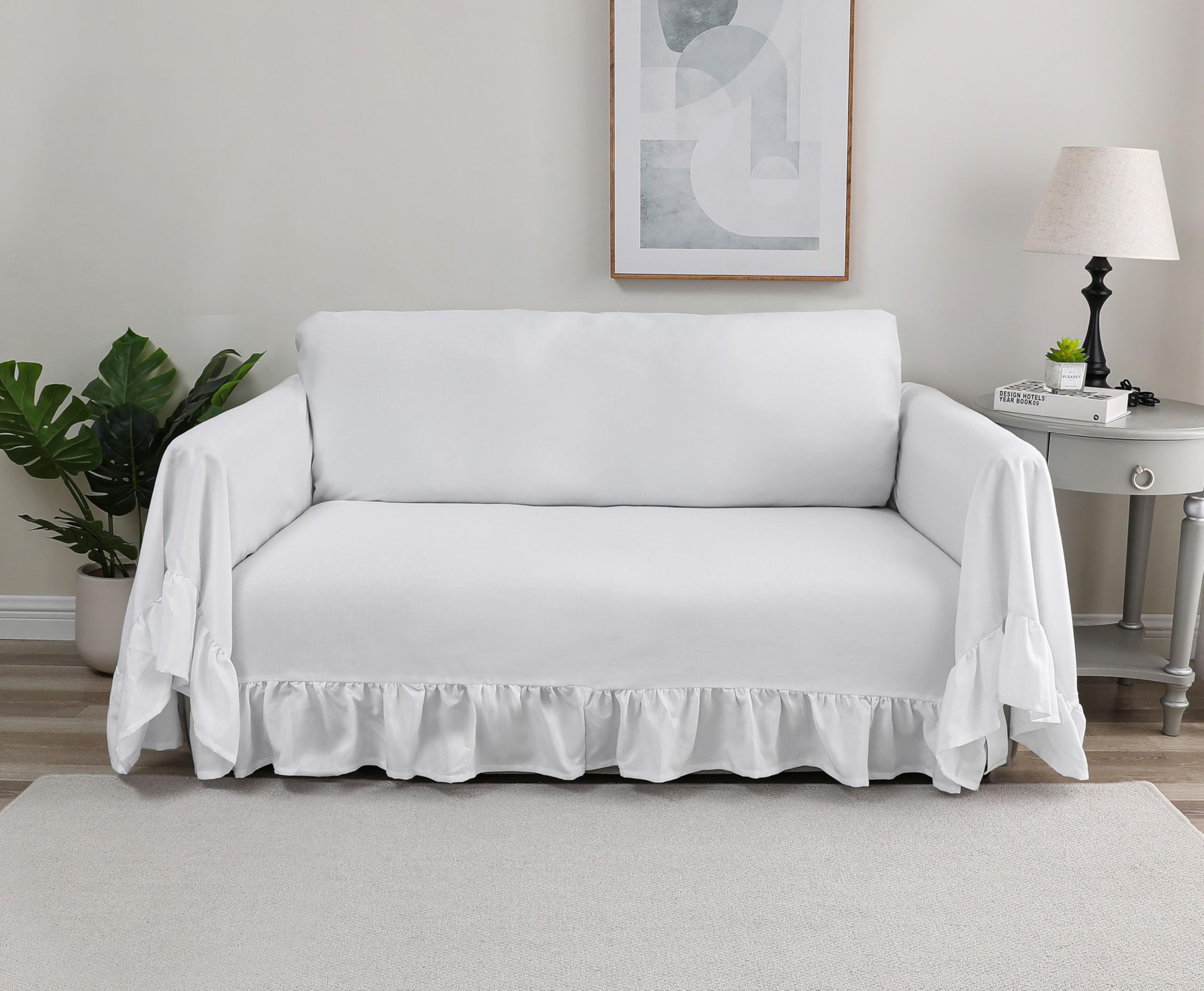Rustic Linen Sofa Cover with Tie Strings, Full Couch Protector Durable Throw Slipcover Ruffled Edge (White, Large Sofa)
