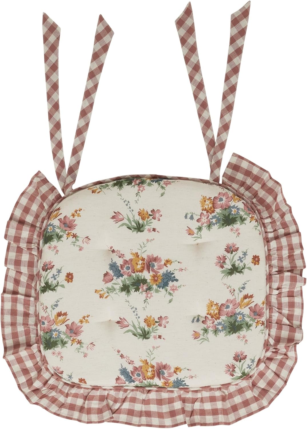 VHC Brands Rosehill Cottage Floral Ruffled Cotton Chair Pad - 15.5x17 - Dusty Rose & Natural Cushioned Seat Cushion