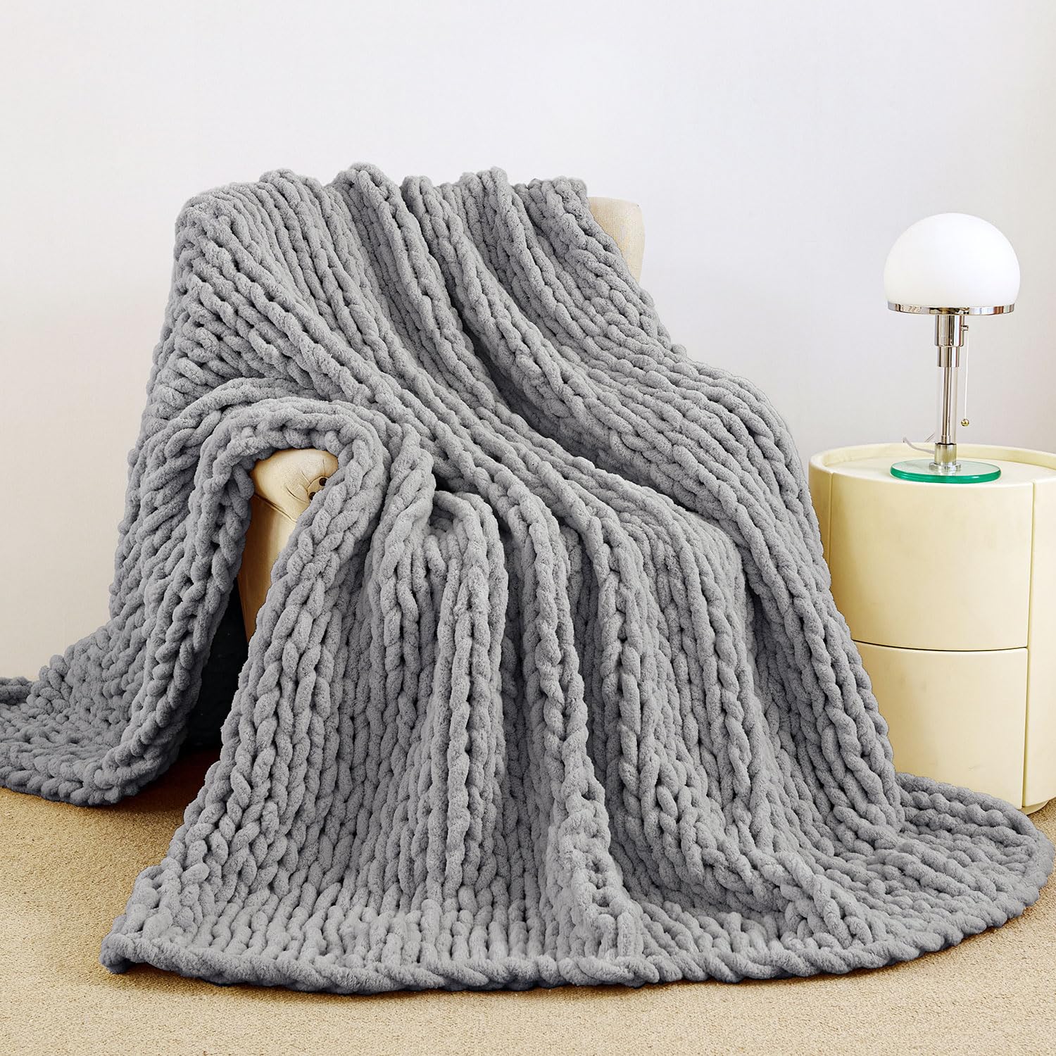 51"×63" Ivory Hand Knit Chenille Chunky Knit Throw Blanket for Sofa Decor