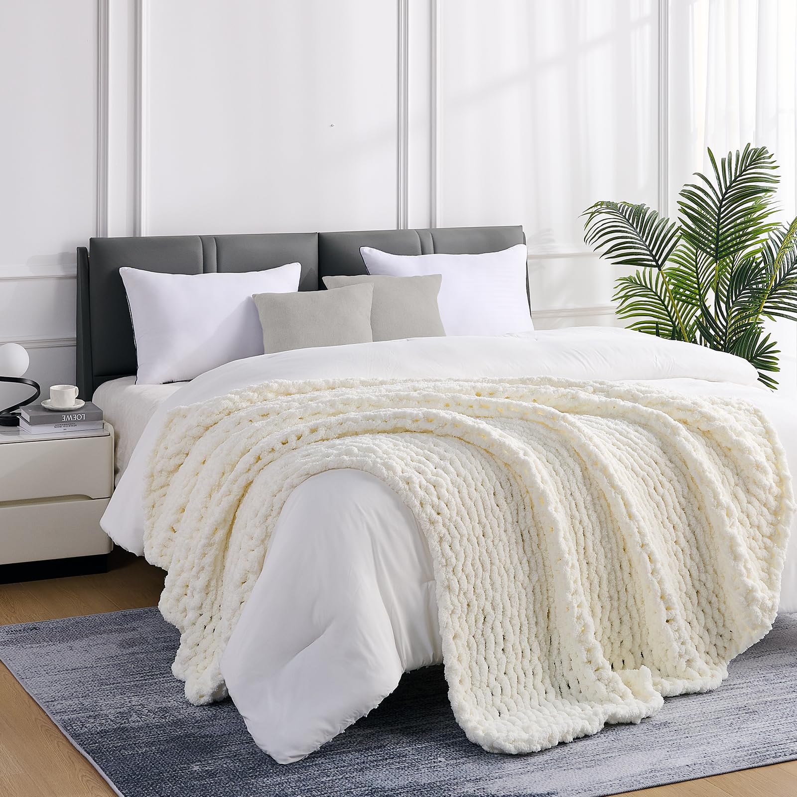 L'AGRATY Chunky Knit Blanket Throw,Soft Chenille Yarn Throw Blanket 50x60，Handmade Cable Knit Crochet Blanket,Large Knit Blankets Chunky Yarn,Rope Knot Throw Blanket for Couch Sofa Bed Home Decor